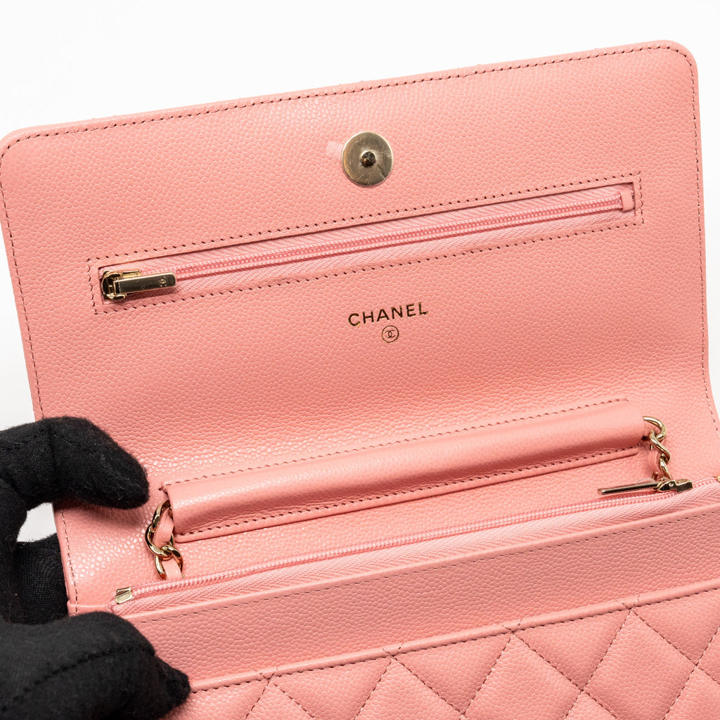 CHANEL CLASSIC WALLET ON CHAIN CAVIAR PINK LGHW (MICROCHIP)
