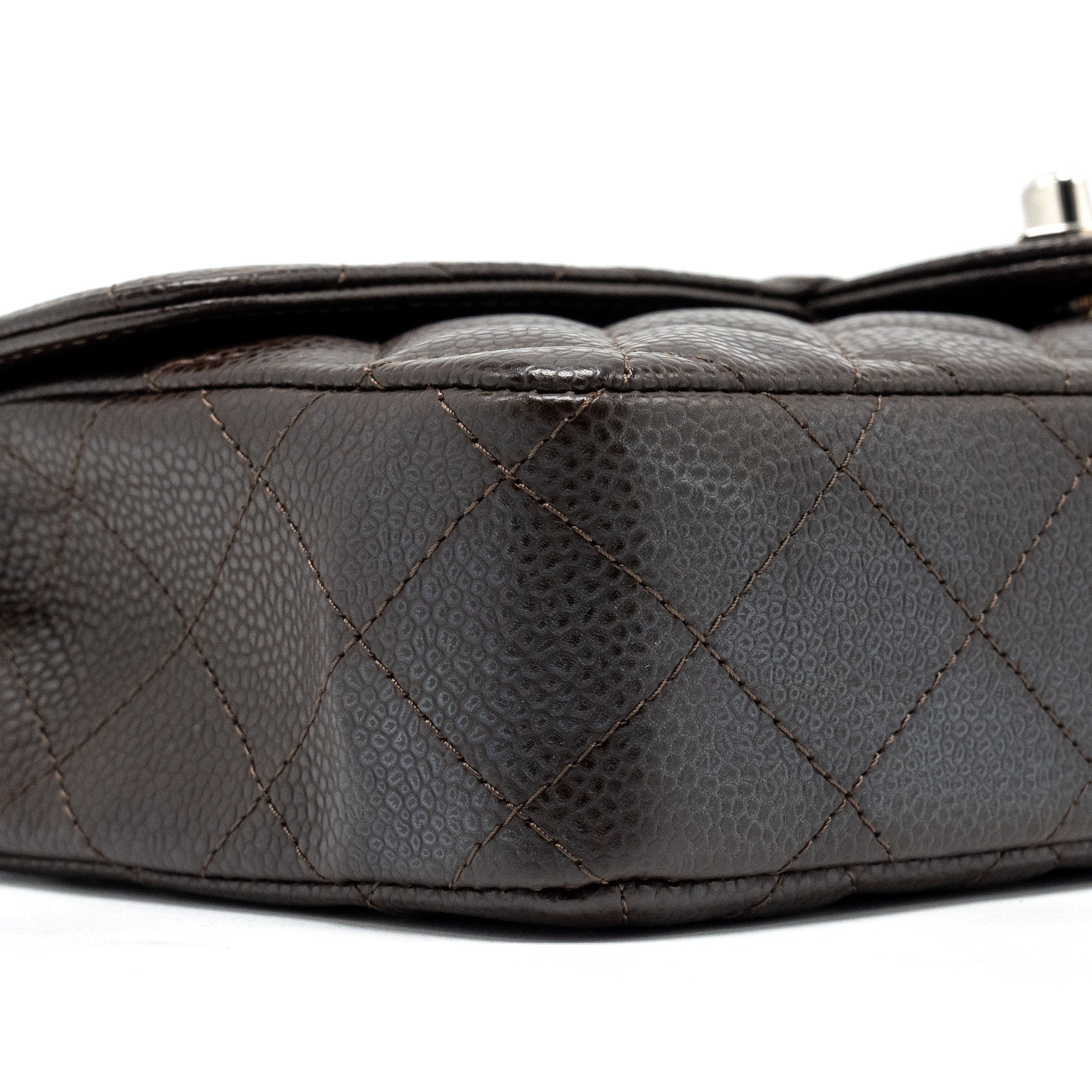 CHANEL EAST WEST CLASSIC QUILTED FLAP BAG CAVIAR CHOCOLATE SHW