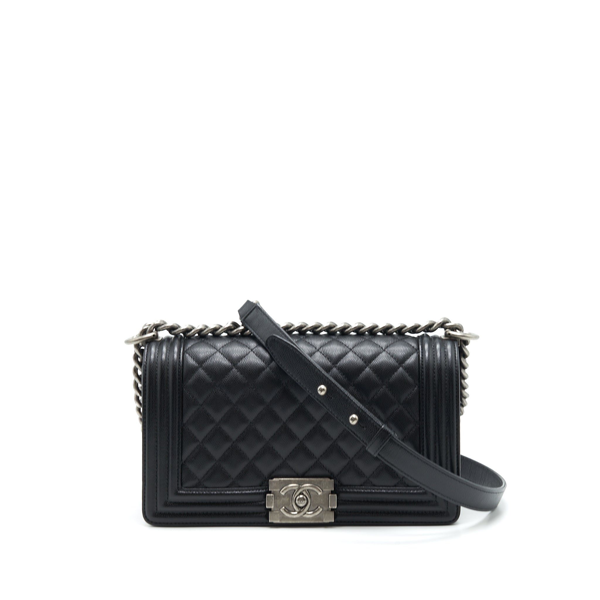 CHANEL LEBOY / BOY BAG MEDIUM CAVIAR BLACK RUTHENIUM SLIVER HARDWARE