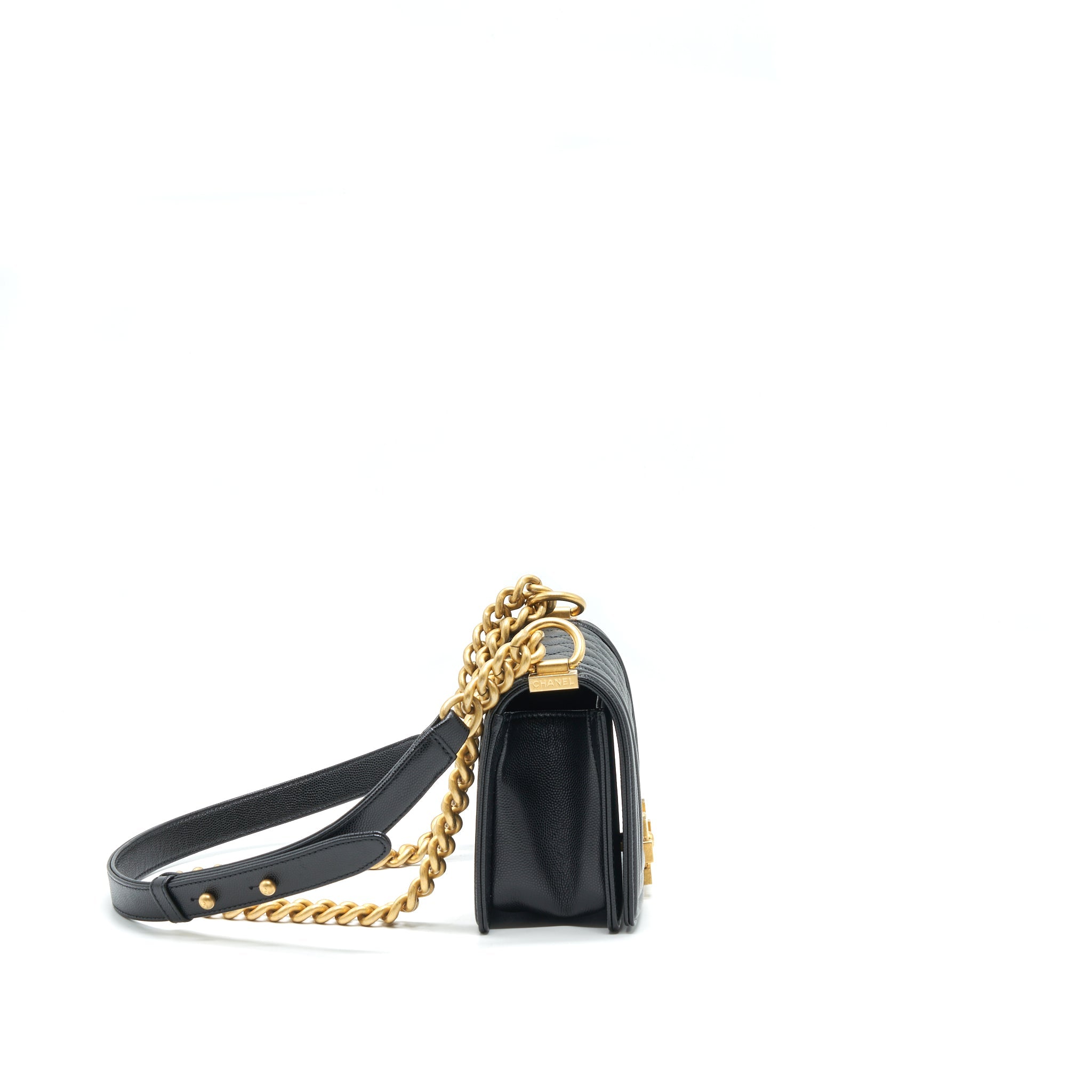 CHANEL SMALL BOY BAG CAVIAR BLACK BRUSHED GHW YEAR 2021 (MICROCHIP SERIAL）