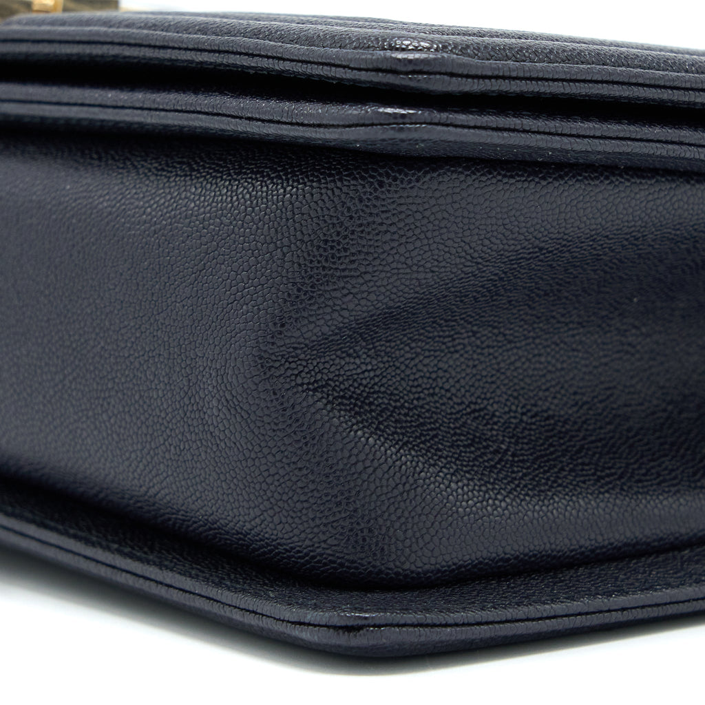 CHANEL MEDIUM BOY BAG GRAINED CALFSKIN DARK BLUE LGHW