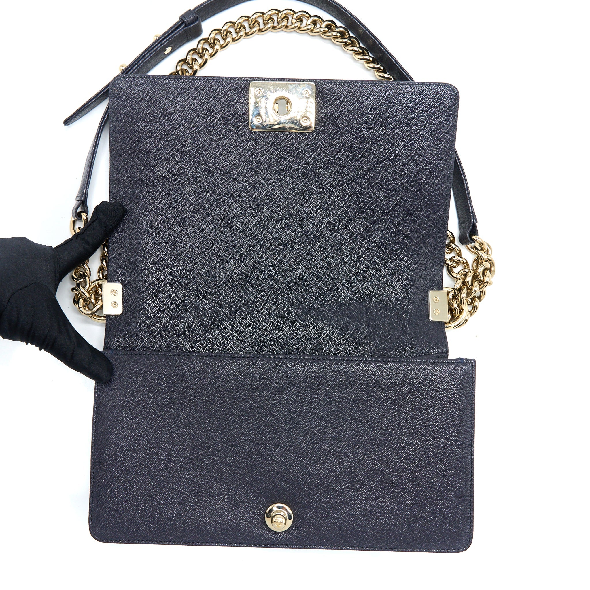 CHANEL MEDIUM BOY BAG GRAINED CALFSKIN DARK BLUE LGHW
