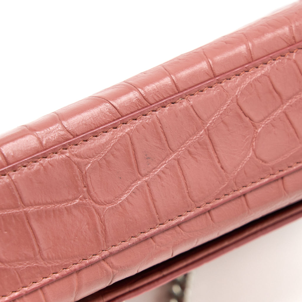 SAINT LAURENT MEDIUM KATE CROC-EMBOSSED CALFSKIN PINK SHW