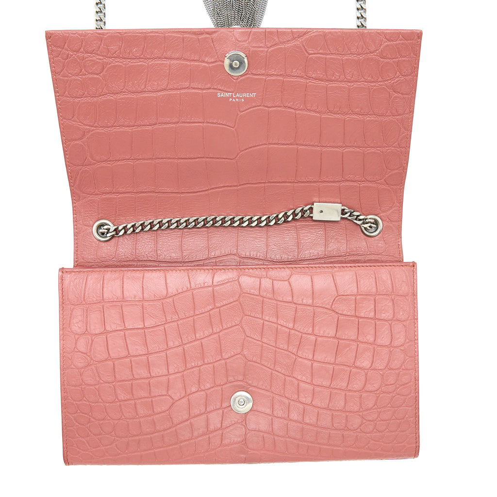 SAINT LAURENT MEDIUM KATE CROC-EMBOSSED CALFSKIN PINK SHW