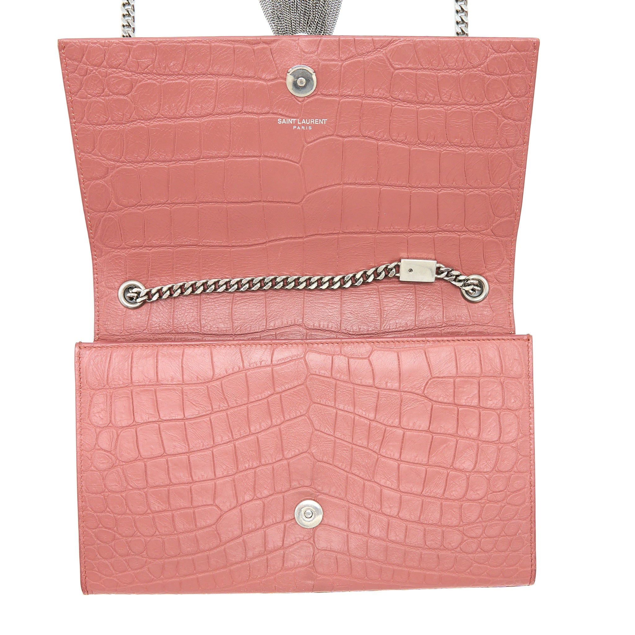 SAINT LAURENT MEDIUM KATE CROC-EMBOSSED CALFSKIN PINK SHW