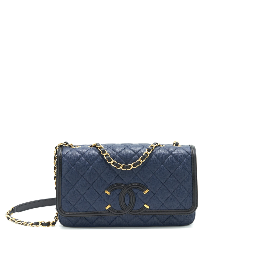 CHANEL MEDIUM CAVIAR FILIGREE FLAP BAG NAVY AND BLACK