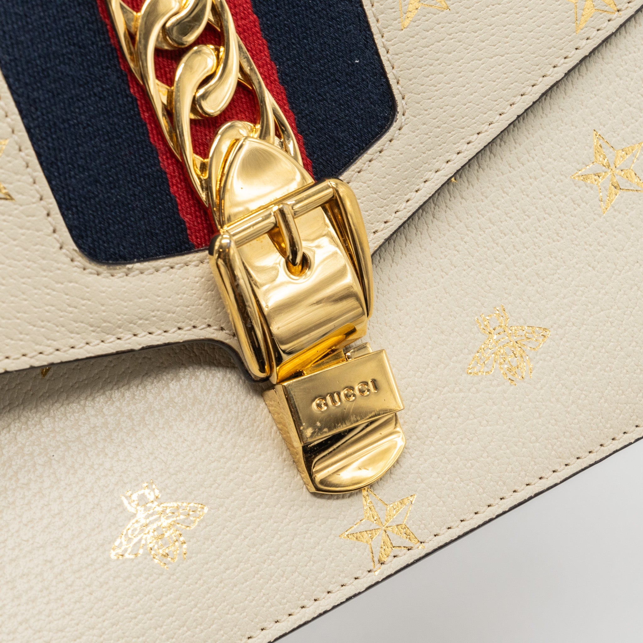 GUCCI SMALL SYLVIA BAG BEE AND STAR PRINTED CALFSKIN WHITE GHW