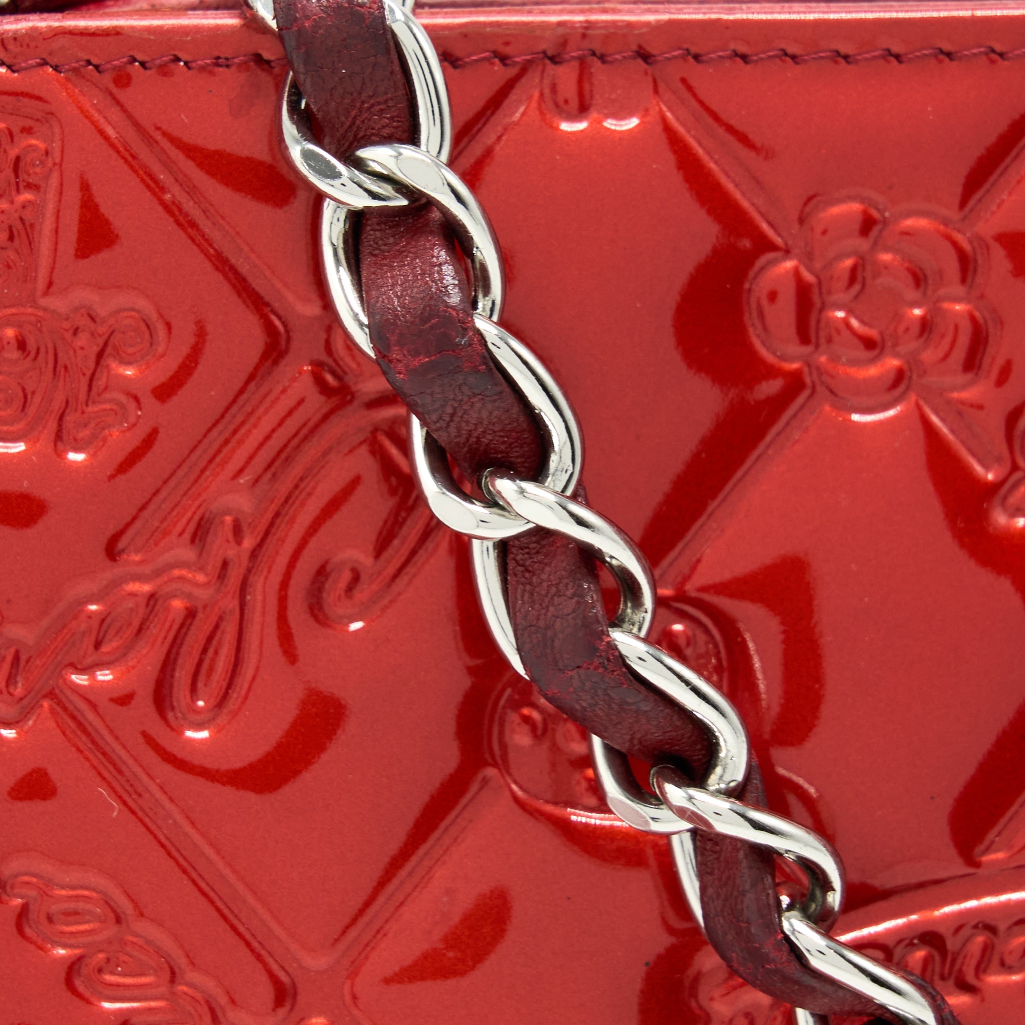 CHANEL VINTAGE LEATHER CHARM PRINTED CHAIN SHOULDER BAG RED SHW