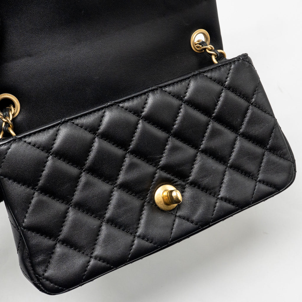 CHANEL PEARL CRUSH MINI RECTANGULAR FLAP BAG LAMBSKIN BLACK GHW (MICROCHIP)