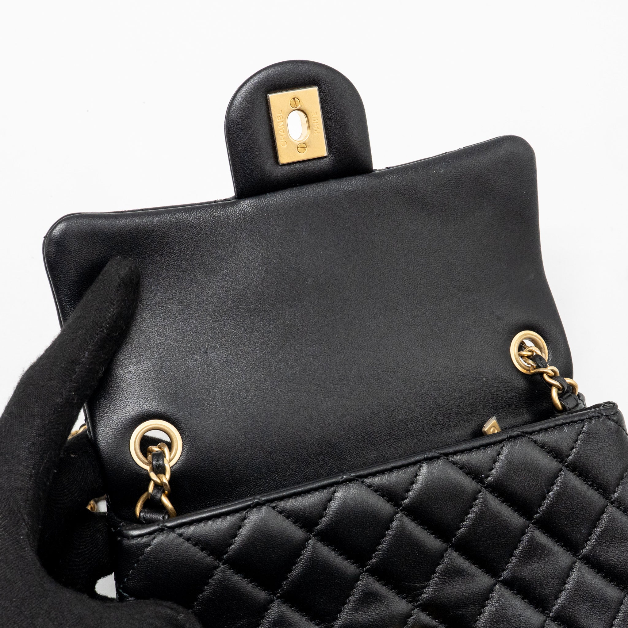 CHANEL PEARL CRUSH MINI RECTANGULAR FLAP BAG LAMBSKIN BLACK GHW (MICROCHIP)