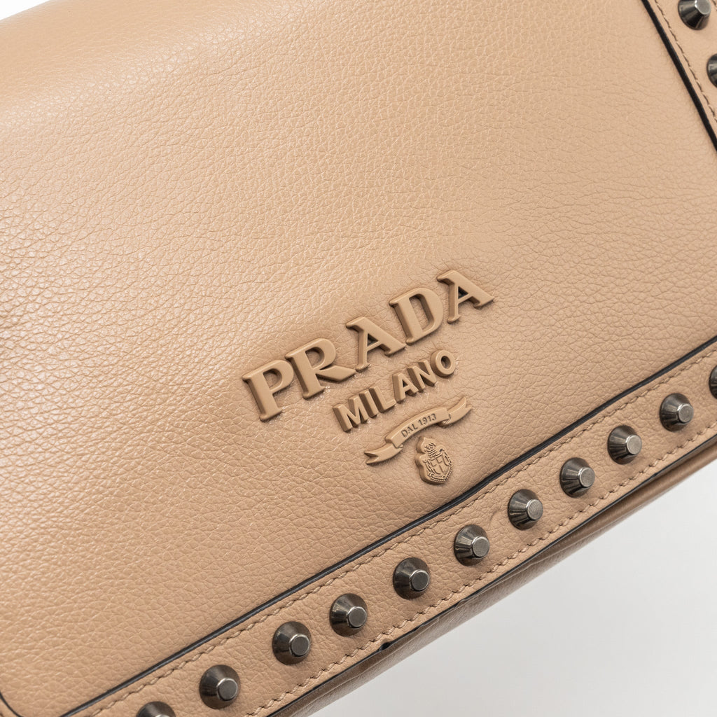 PRADA PATTINA GLACE STUDDED BAG CALFSKIN BEIGE /BLACK HARDWARE