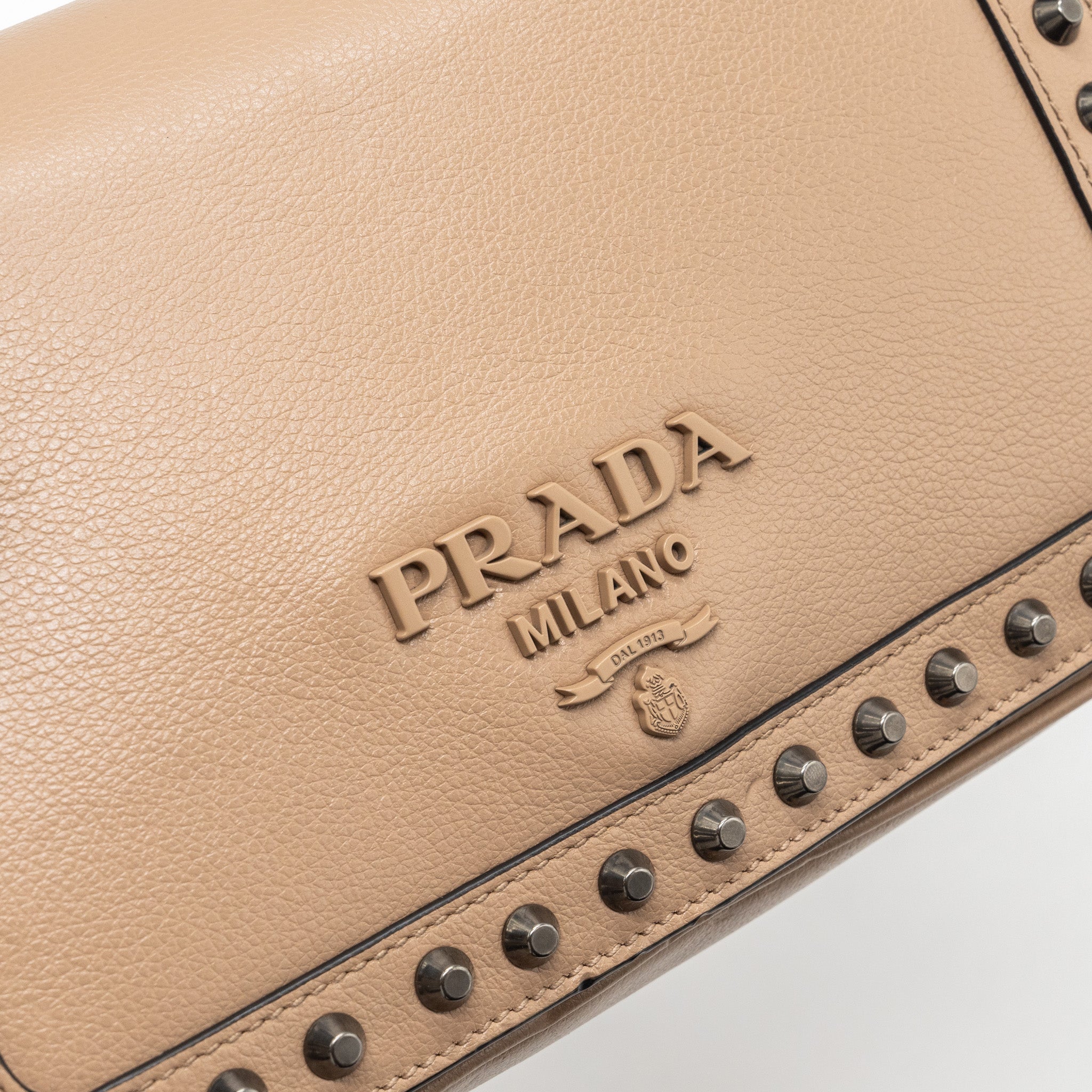 PRADA PATTINA GLACE STUDDED BAG CALFSKIN BEIGE /BLACK HARDWARE