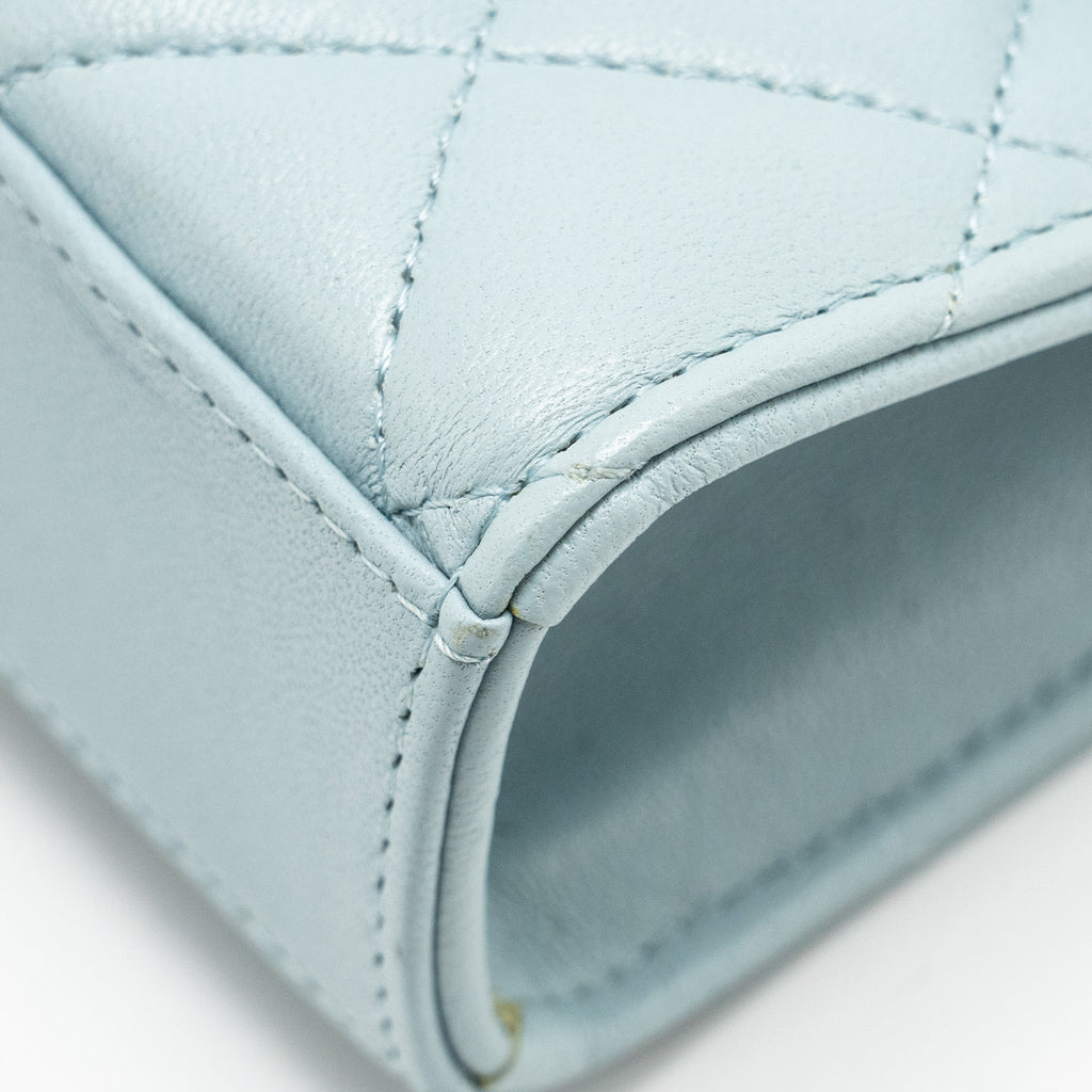 CHANEL TOP HANDLE MINI FLAP BAG LAMBSKIN LIGHT BLUE LGHW