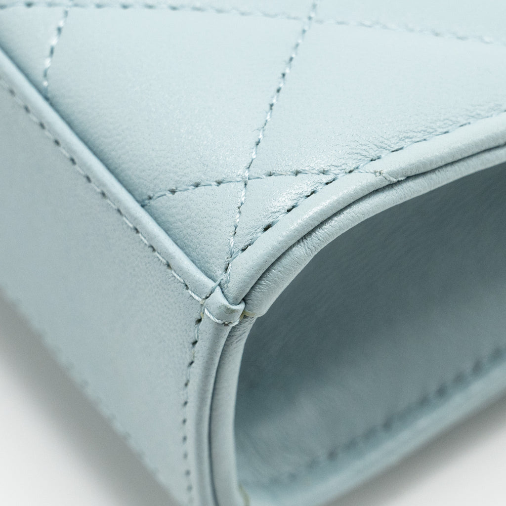 CHANEL TOP HANDLE MINI FLAP BAG LAMBSKIN LIGHT BLUE LGHW