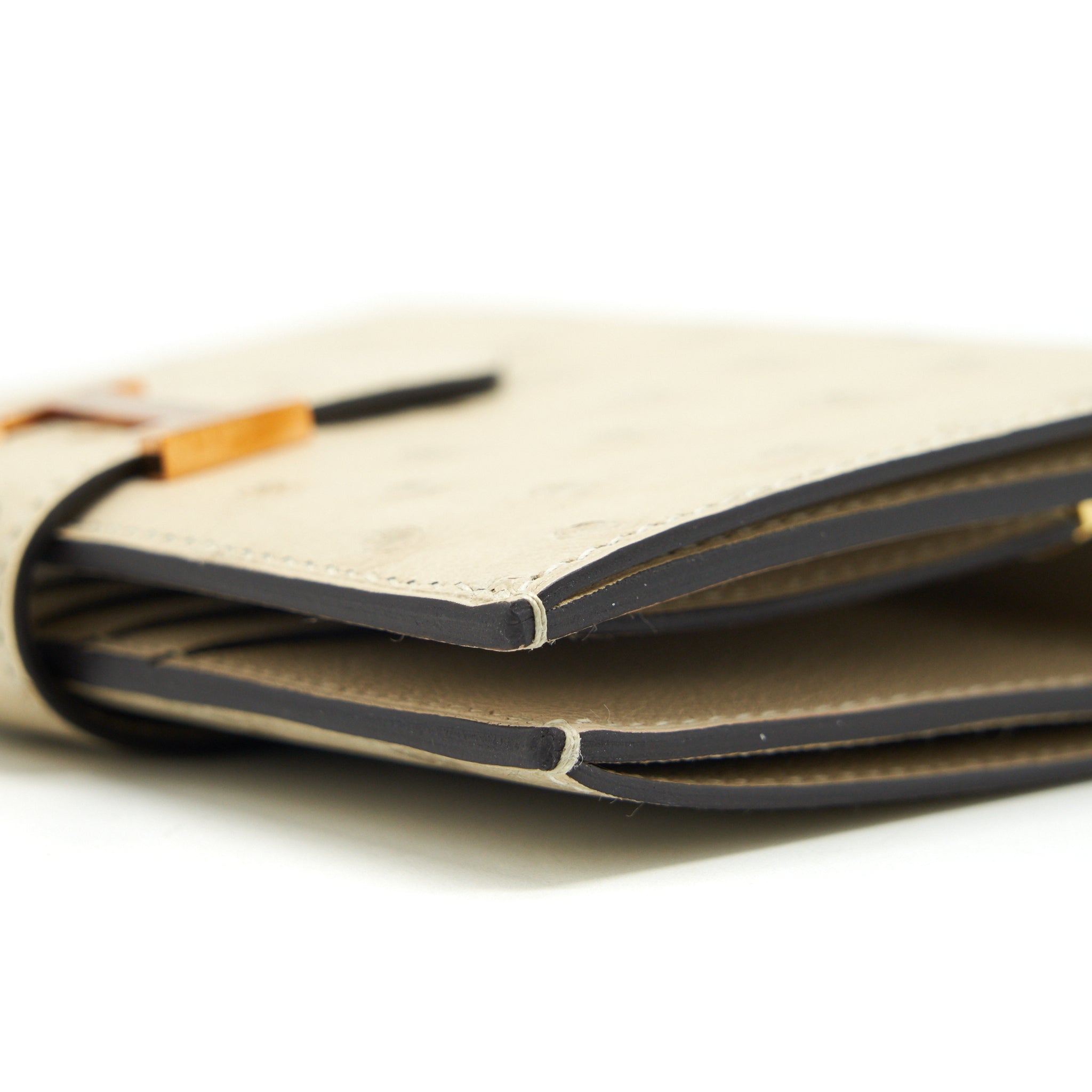 HERMES OSTRICH BEARN COMPACT WALLET 3C PARCHEMIN GHW