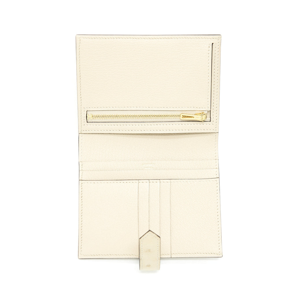 HERMES OSTRICH BEARN COMPACT WALLET 3C PARCHEMIN GHW