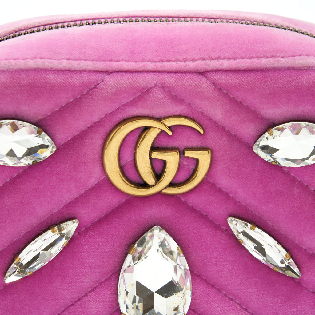 GUCCI GG MARMONT CAMERA BAG VELVET PINK WITH CRYSTAL GHW