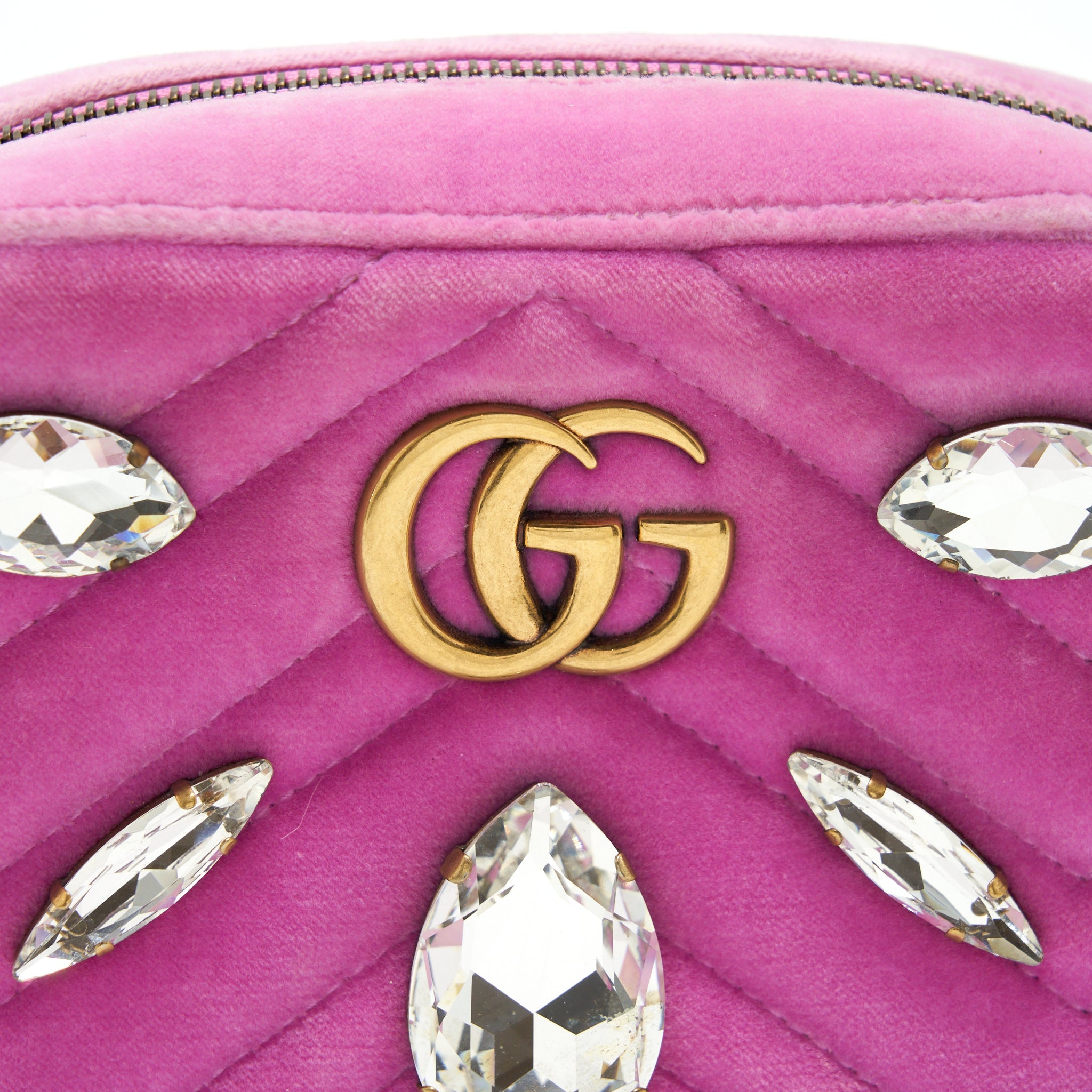GUCCI GG MARMONT CAMERA BAG VELVET PINK WITH CRYSTAL GHW