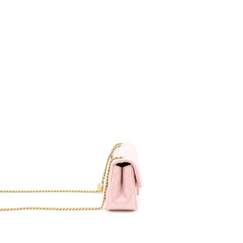 CHANEL 23S CAMELLIA CHAIN MINI RECTANGULAR FLAP BAG LAMBSKIN LIGHT PINK GHW (MICROCHIP)