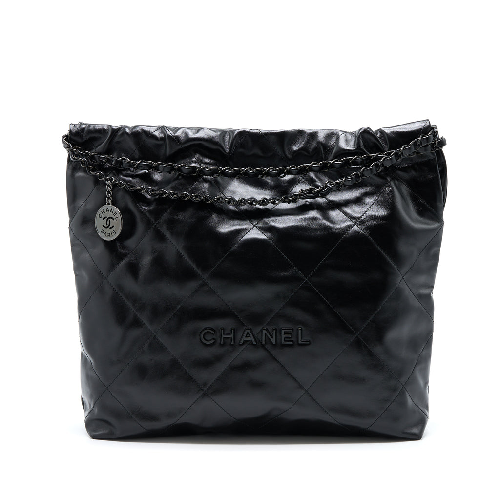 CHANEL MEDIUM 22 BAG SHINY CALFSKIN SO BLACK WITH BLACK HARDWARE (MICROCHIP)