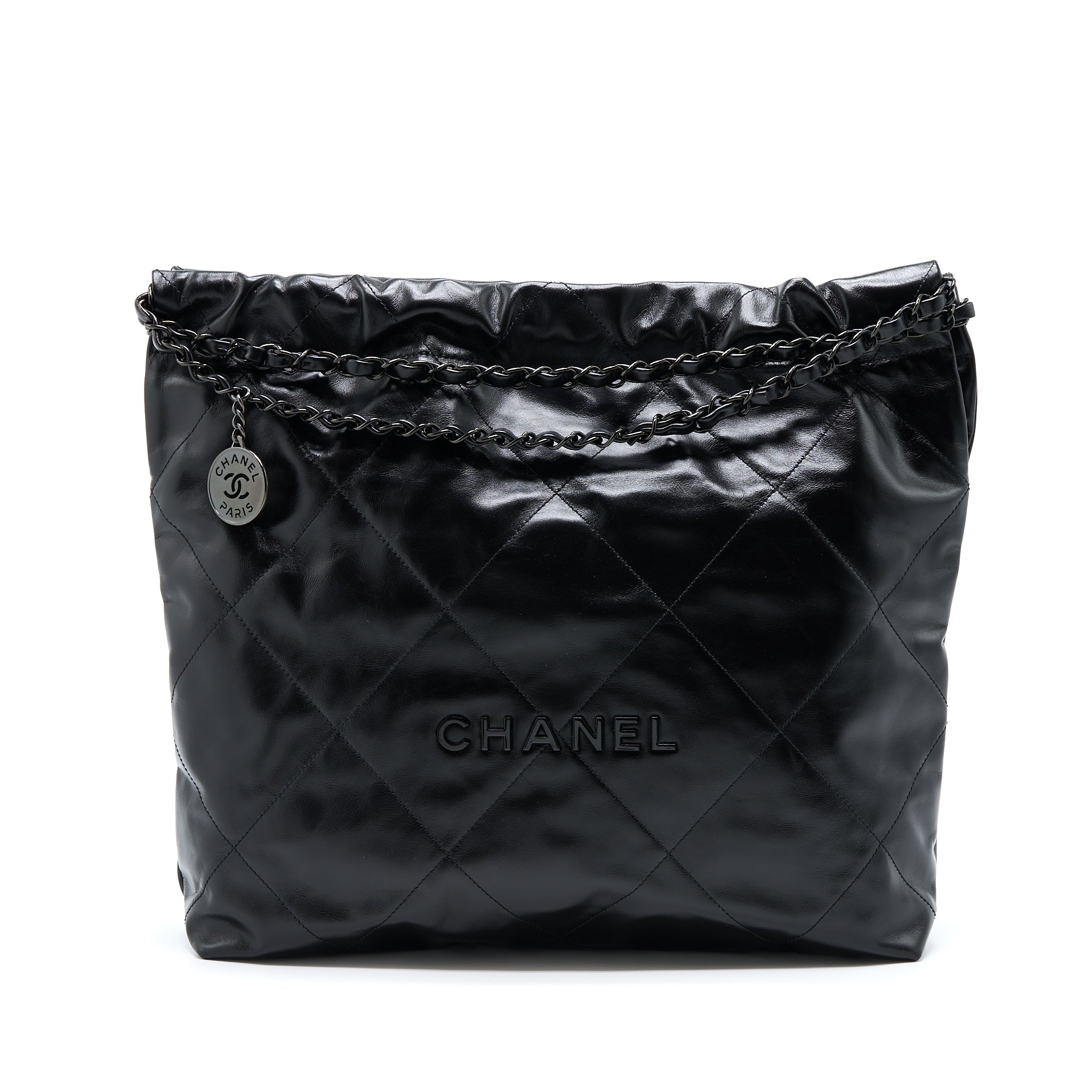 CHANEL MEDIUM 22 BAG SHINY CALFSKIN SO BLACK WITH BLACK HARDWARE (MICROCHIP)