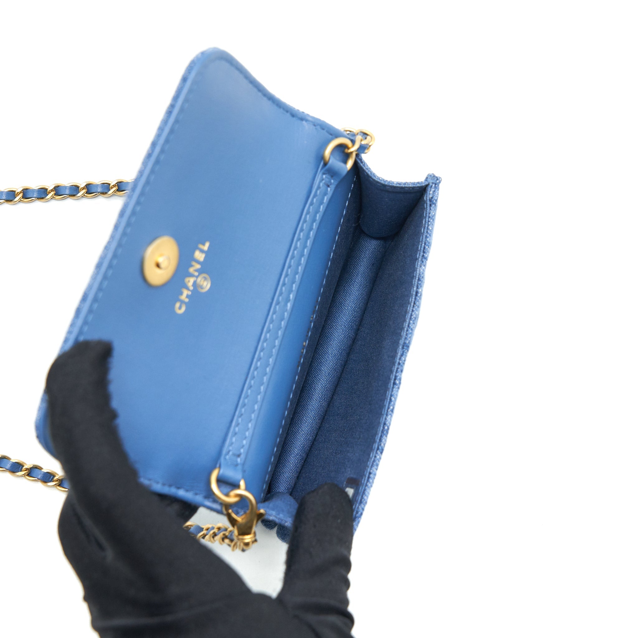 CHANEL PEARL CRUSH MINI FLAP BELT BAG DENIM GHW