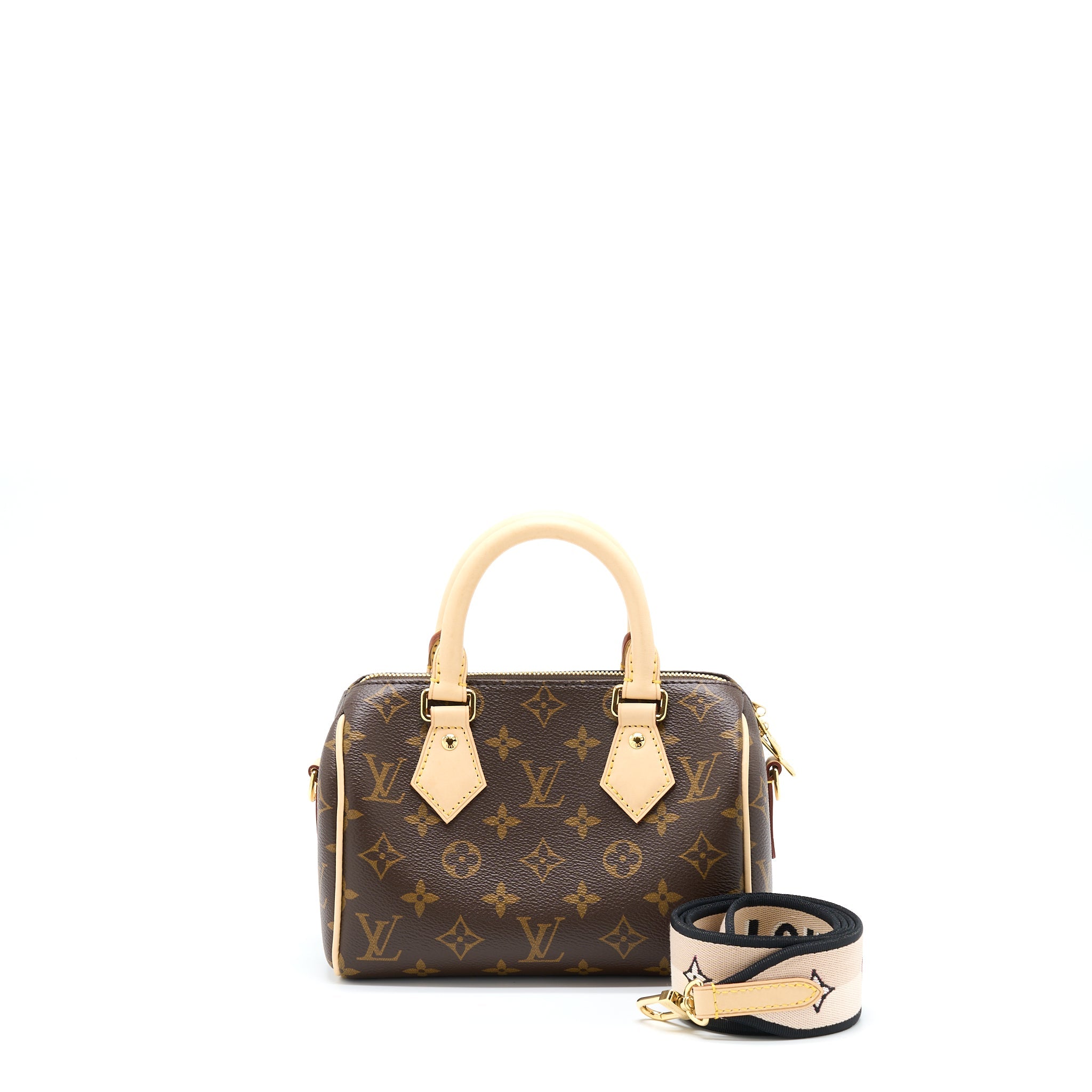 LOUIS VUITTON SPEEDY BANDOULIERE 20 MONOGRAM CANVAS WITH BLACK STRAP GHW