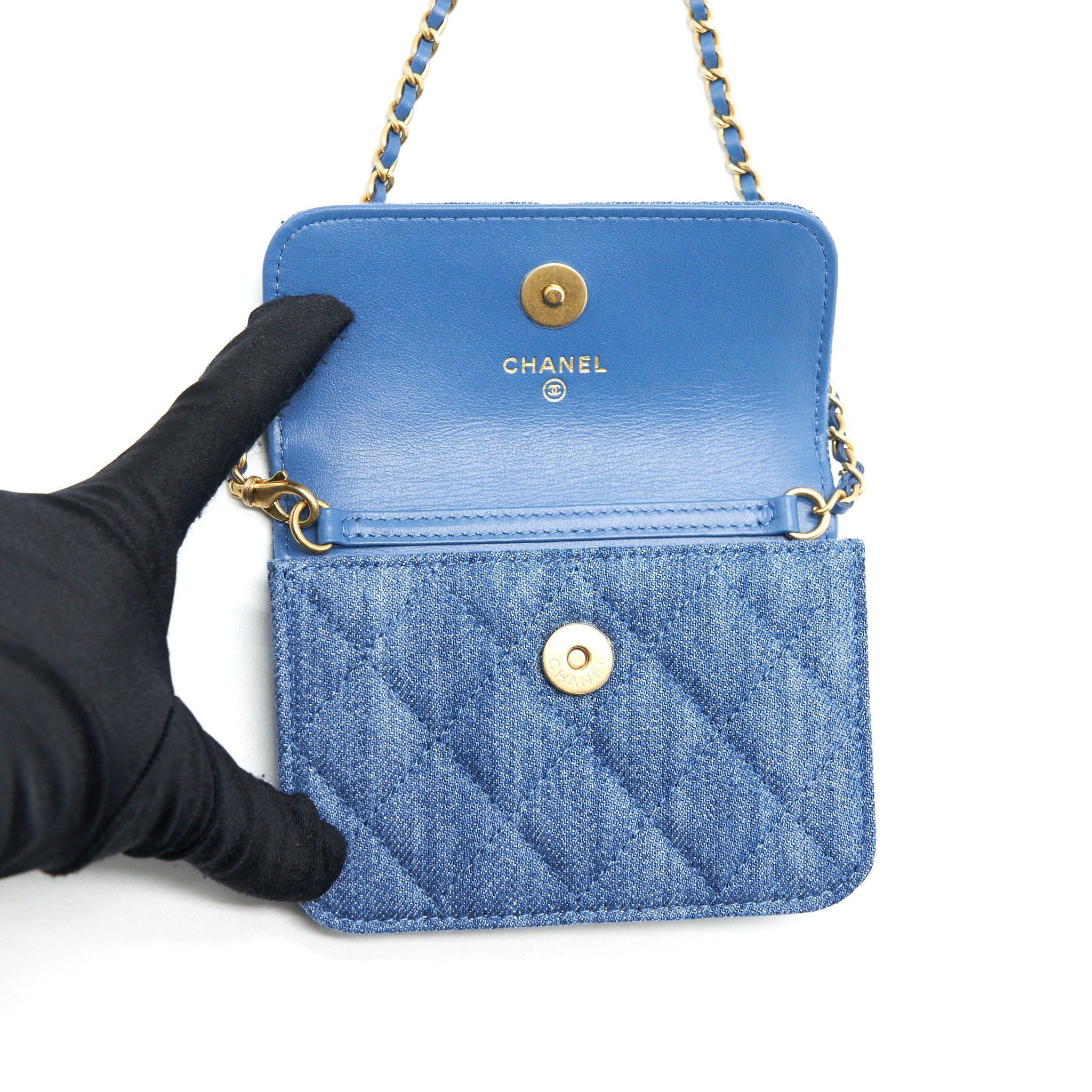 CHANEL PEARL CRUSH MINI FLAP BELT BAG DENIM GHW