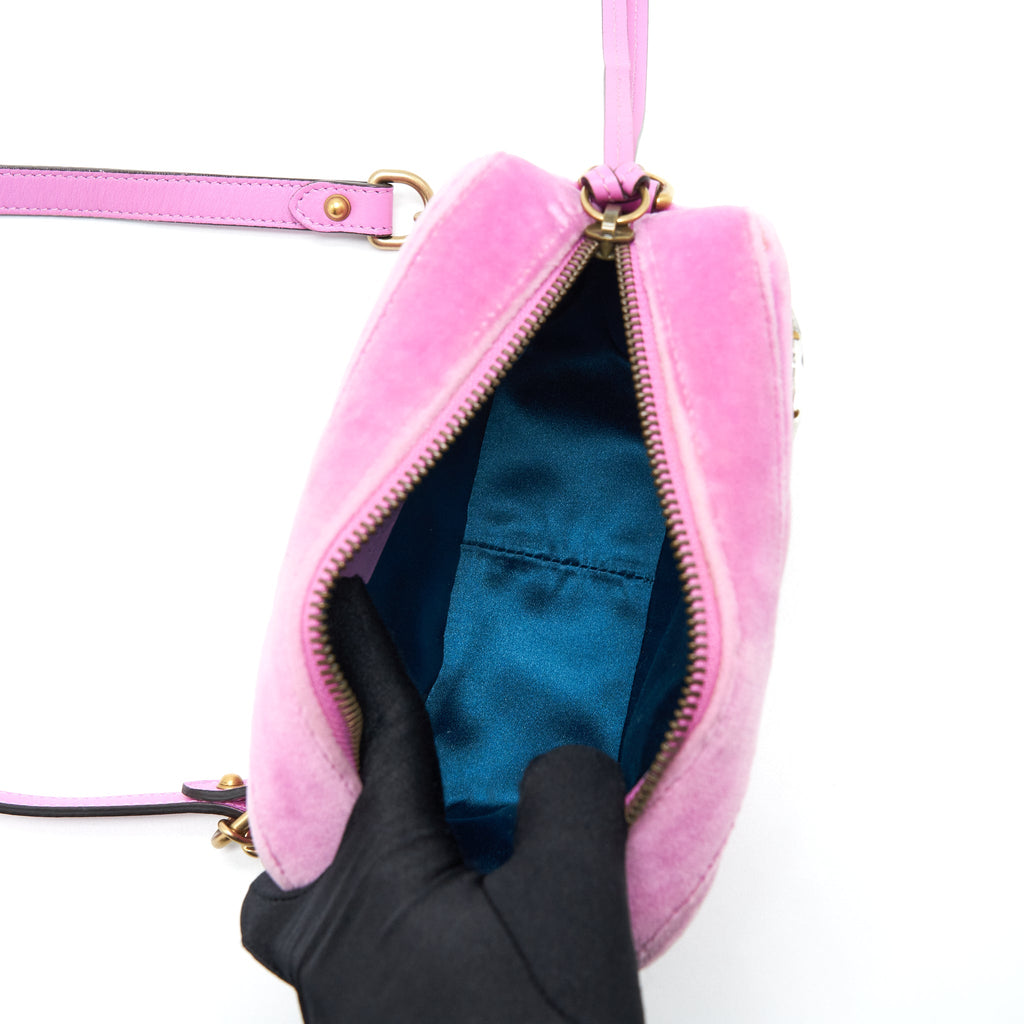 GUCCI GG MARMONT CAMERA BAG VELVET PINK WITH CRYSTAL GHW
