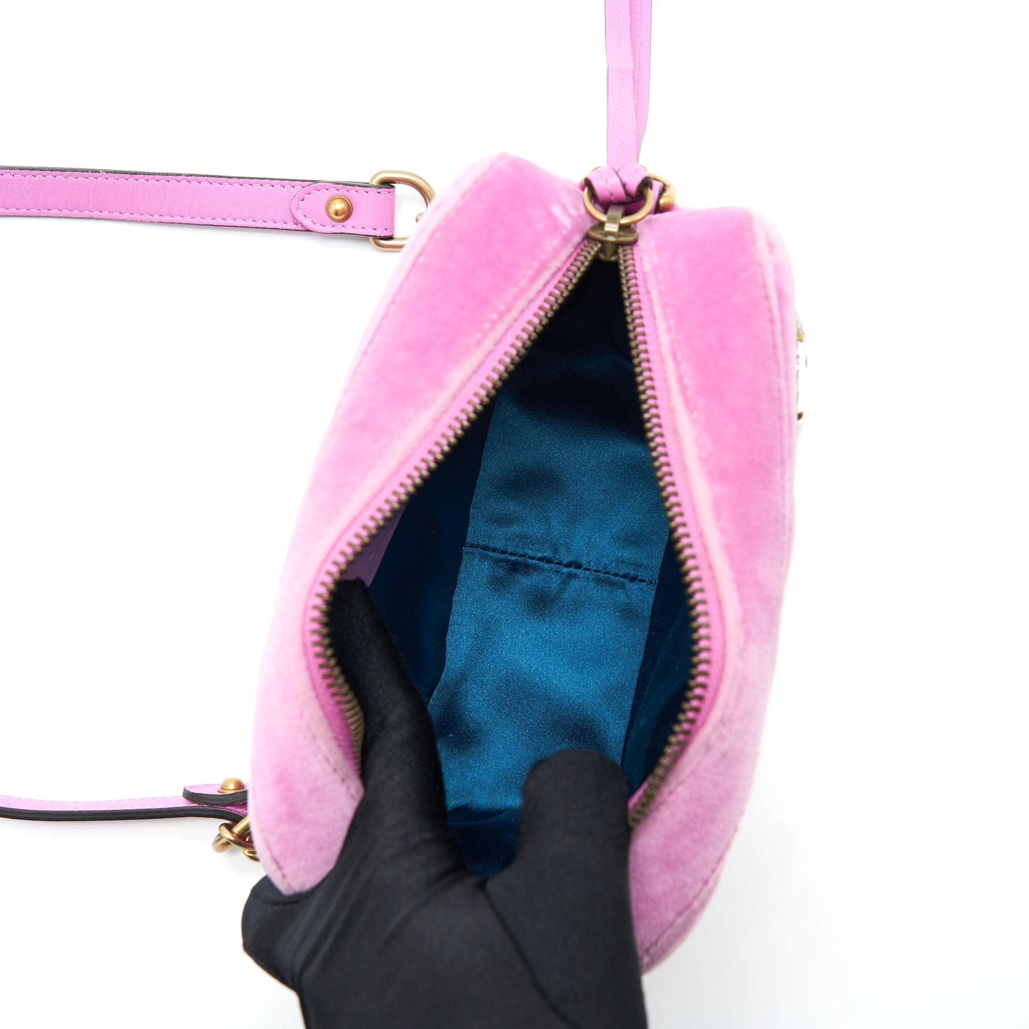 GUCCI GG MARMONT CAMERA BAG VELVET PINK WITH CRYSTAL GHW
