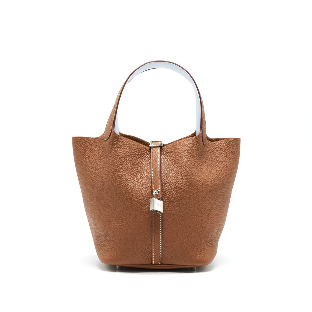 HERMES PICOTIN 22 LOCK BAG GOLD WITH BLUE BRUME HANDLE SHW