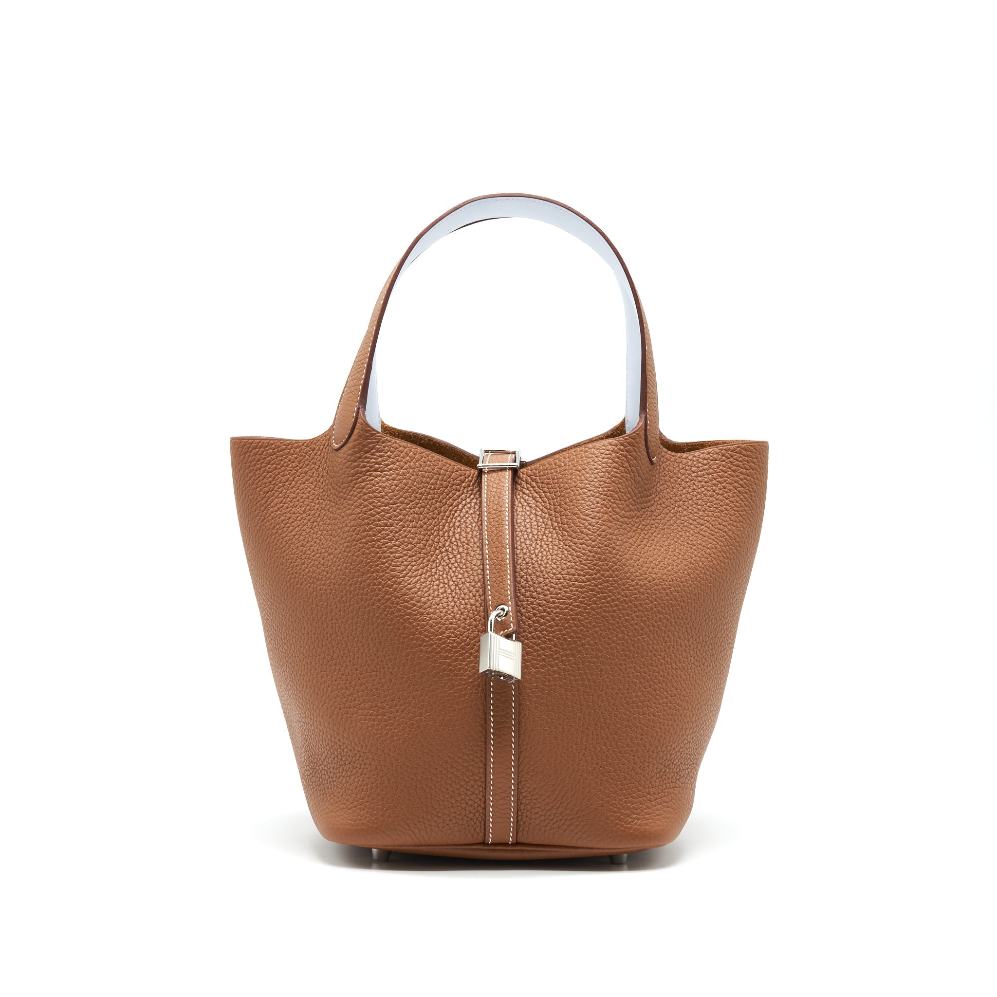 HERMES PICOTIN 22 LOCK BAG GOLD WITH BLUE BRUME HANDLE SHW