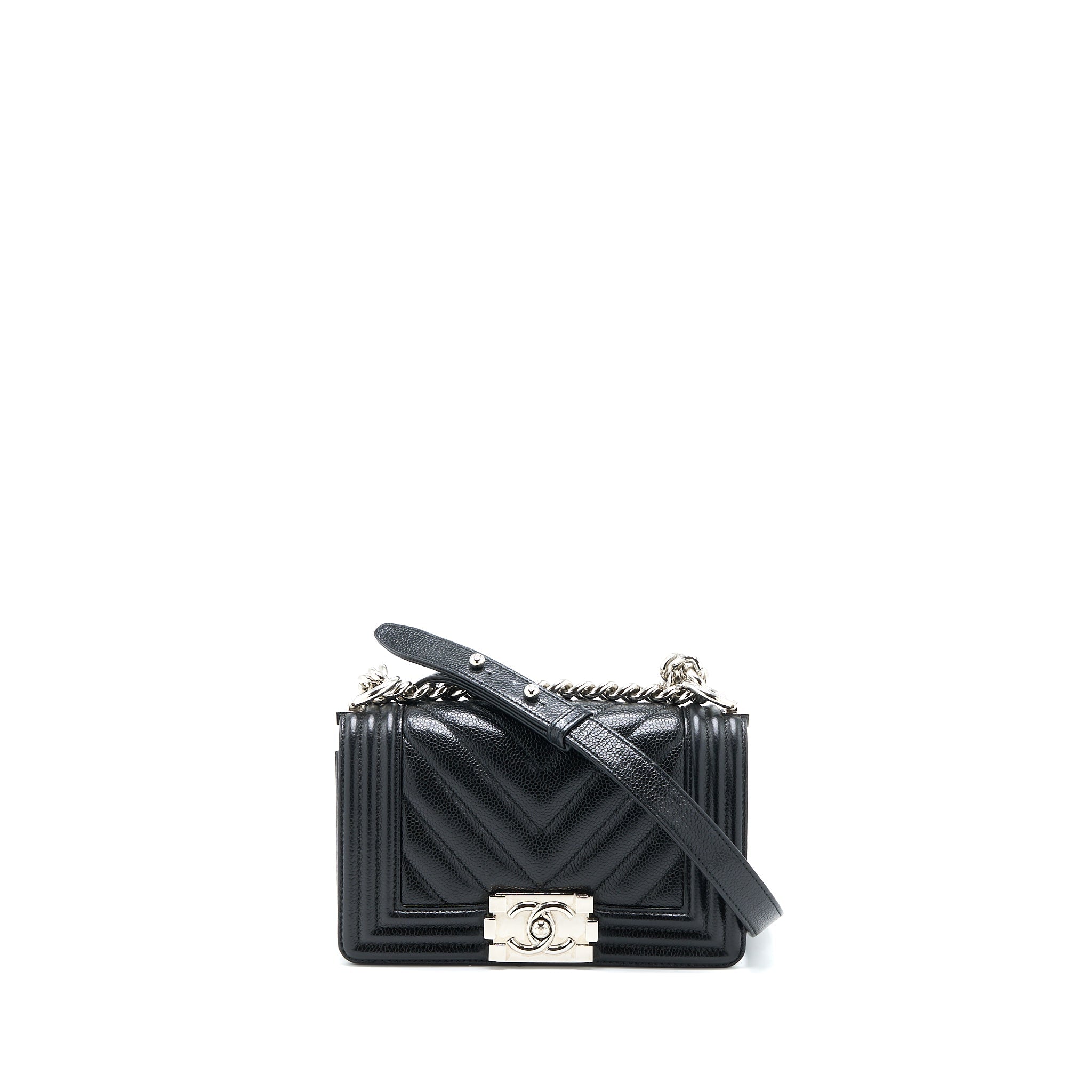 CHANEL SMALL CHEVRON BOY BAG SHINY GRAINED CALFSKIN BLACK SHW