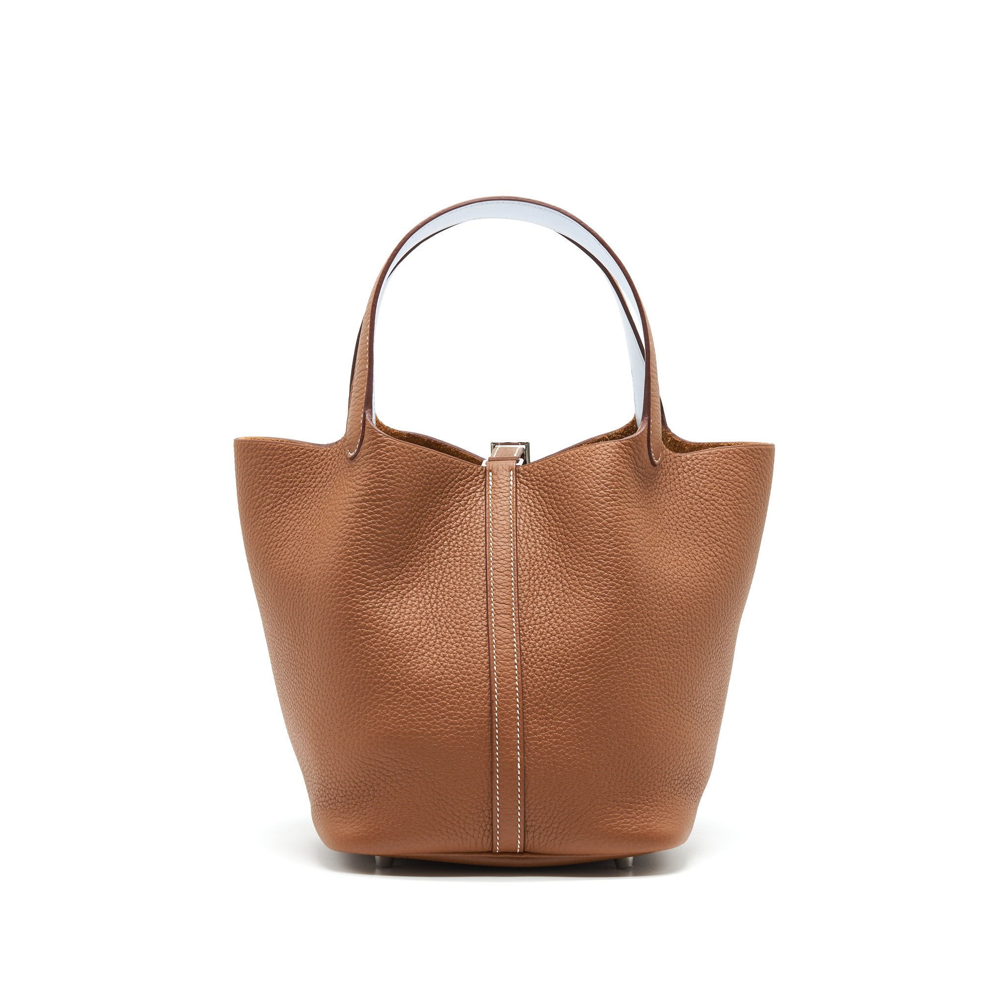 HERMES PICOTIN 22 LOCK BAG GOLD WITH BLUE BRUME HANDLE SHW