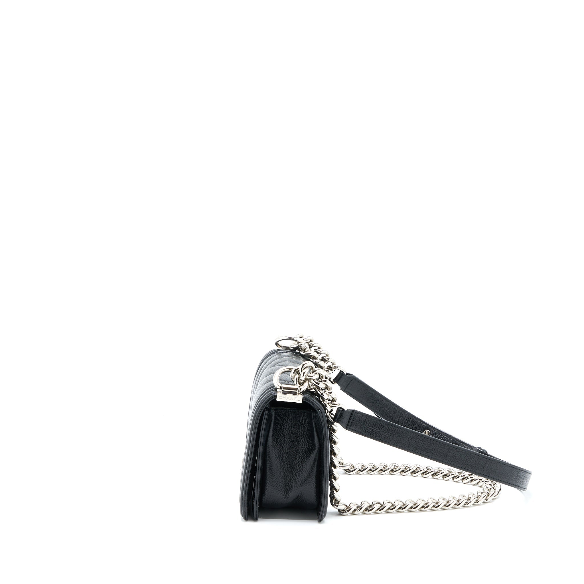 CHANEL SMALL CHEVRON BOY BAG SHINY GRAINED CALFSKIN BLACK SHW