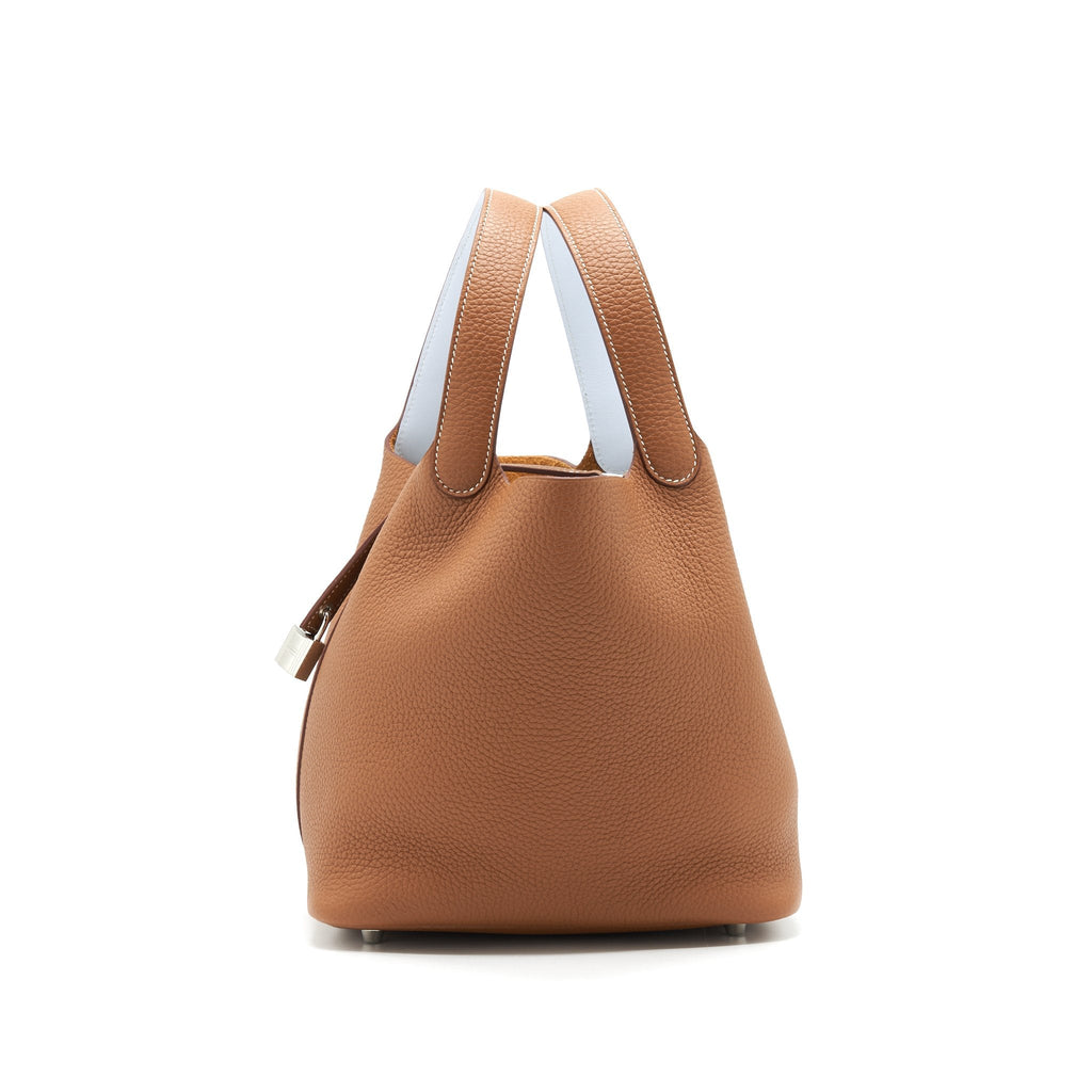 HERMES PICOTIN 22 LOCK BAG GOLD WITH BLUE BRUME HANDLE SHW