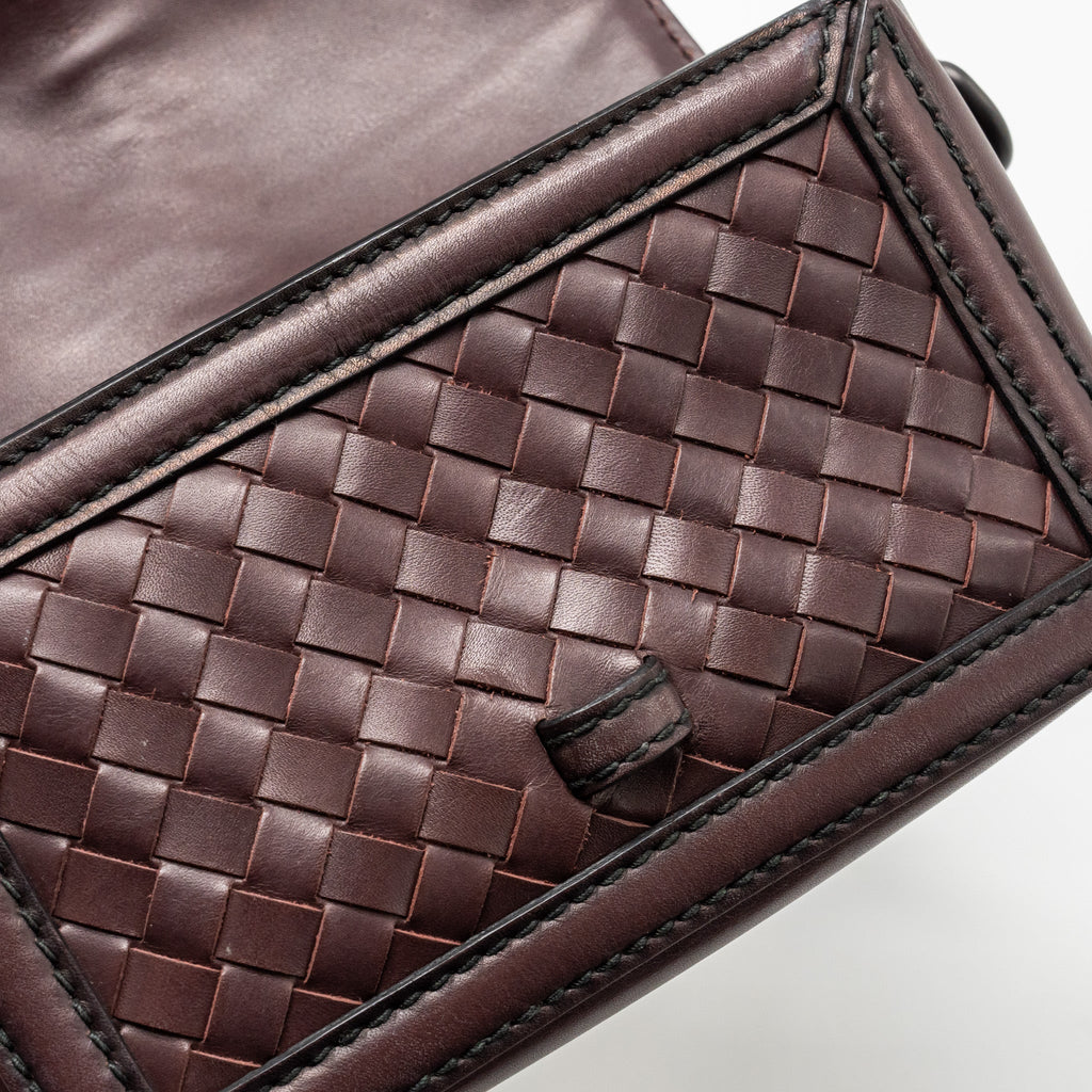BOTTEGA VENETA MINI INTRECCIATO FLAP BAG LEATHER DARK BROWN WITH BLACK HARDWARE