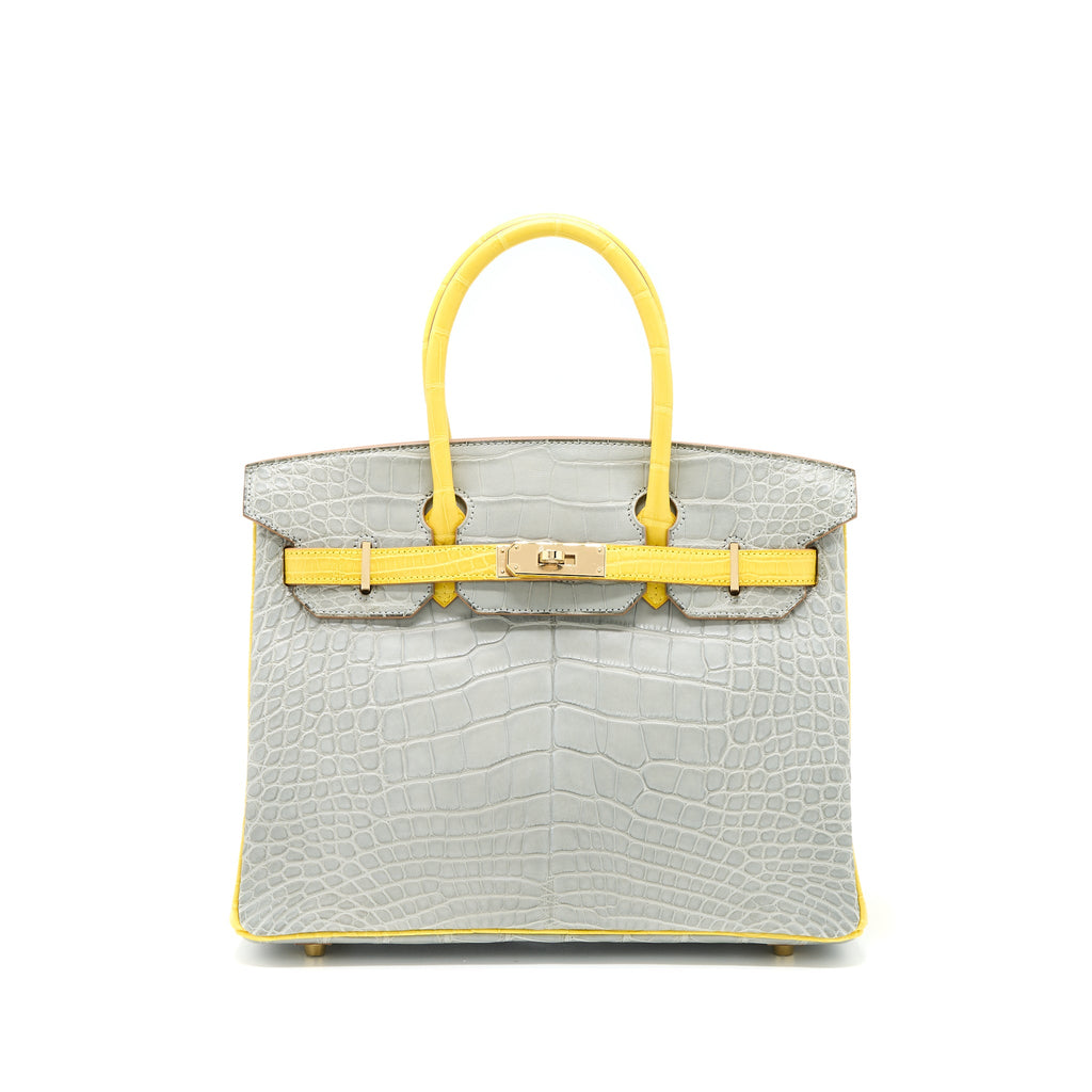HERMES BIRKIN 30 SPECIAL ORDER ALLIGATOR MISSISSIPPIENSIS MAT GRIS PERLE/MIMOSA LGHW