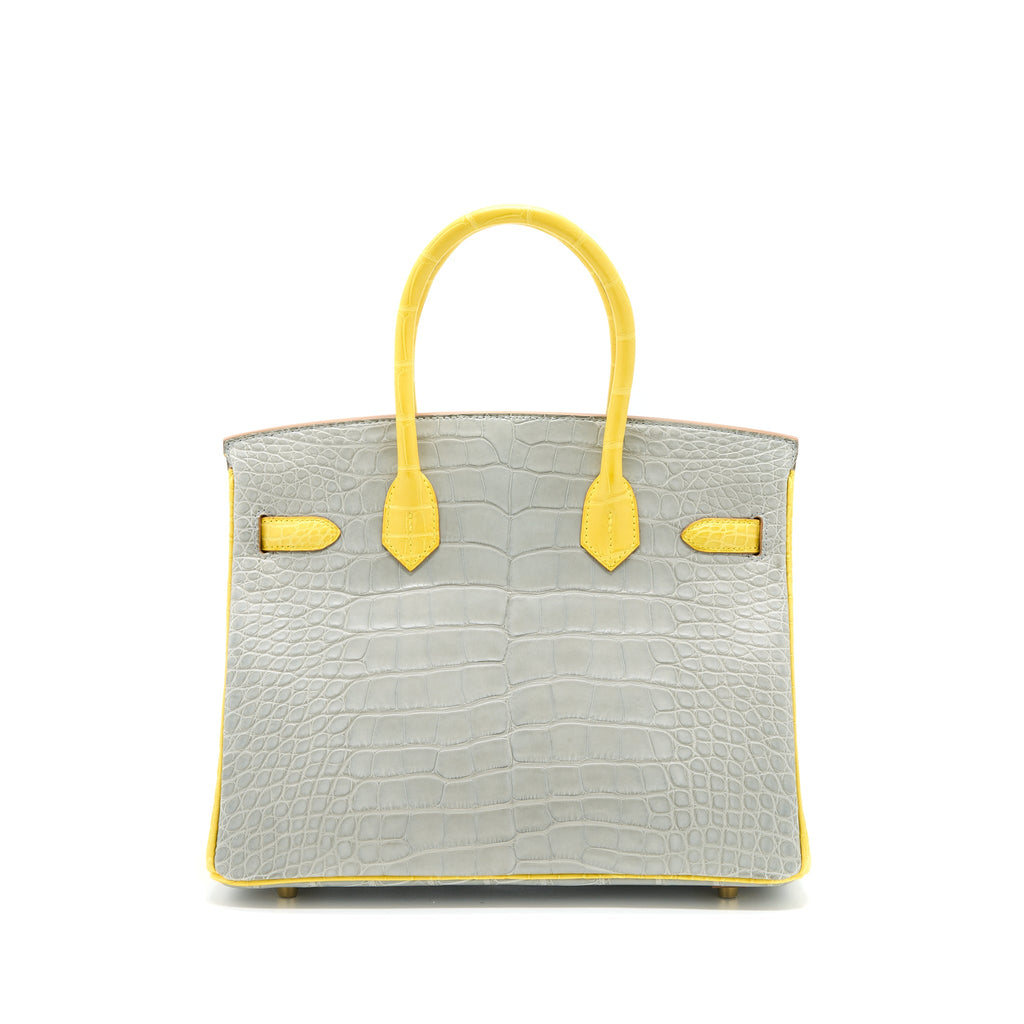 HERMES BIRKIN 30 SPECIAL ORDER ALLIGATOR MISSISSIPPIENSIS MAT GRIS PERLE/MIMOSA LGHW
