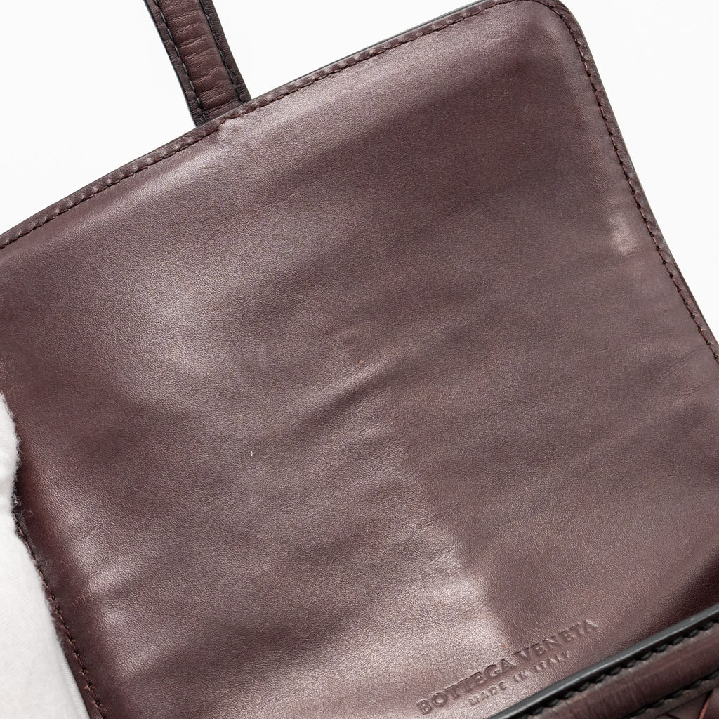 BOTTEGA VENETA MINI INTRECCIATO FLAP BAG LEATHER DARK BROWN WITH BLACK HARDWARE