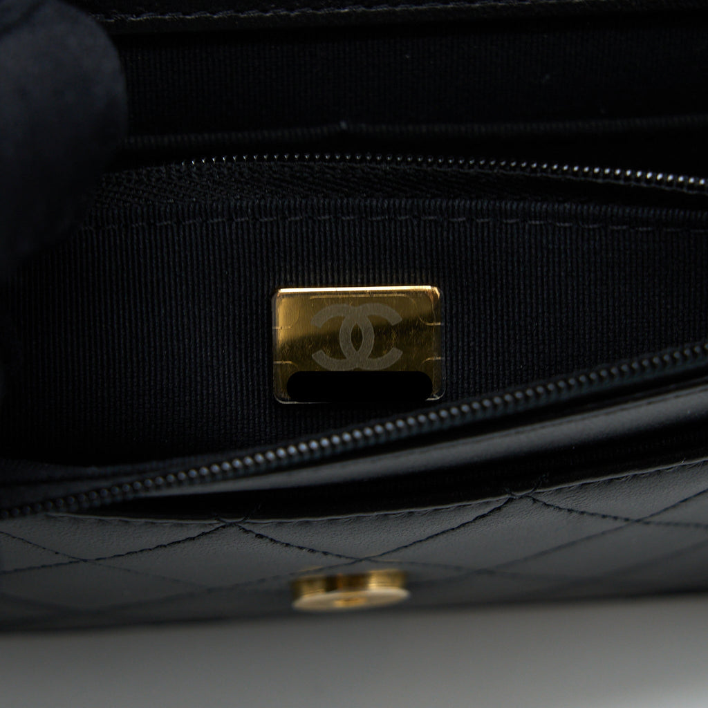CHANEL TOP HANDLE WALLET ON CHAIN LAMBSKIN BLACK BRUSHED GHW (MICROCHIP)
