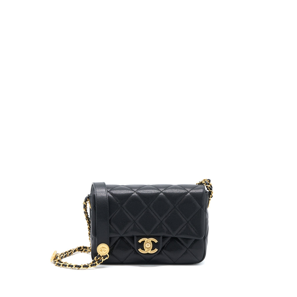 CHANEL 22A SMALL FLAP BAG GRAINED SHINY CALFSKIN BLACK BRUSHED GHW(MICROCHIP)