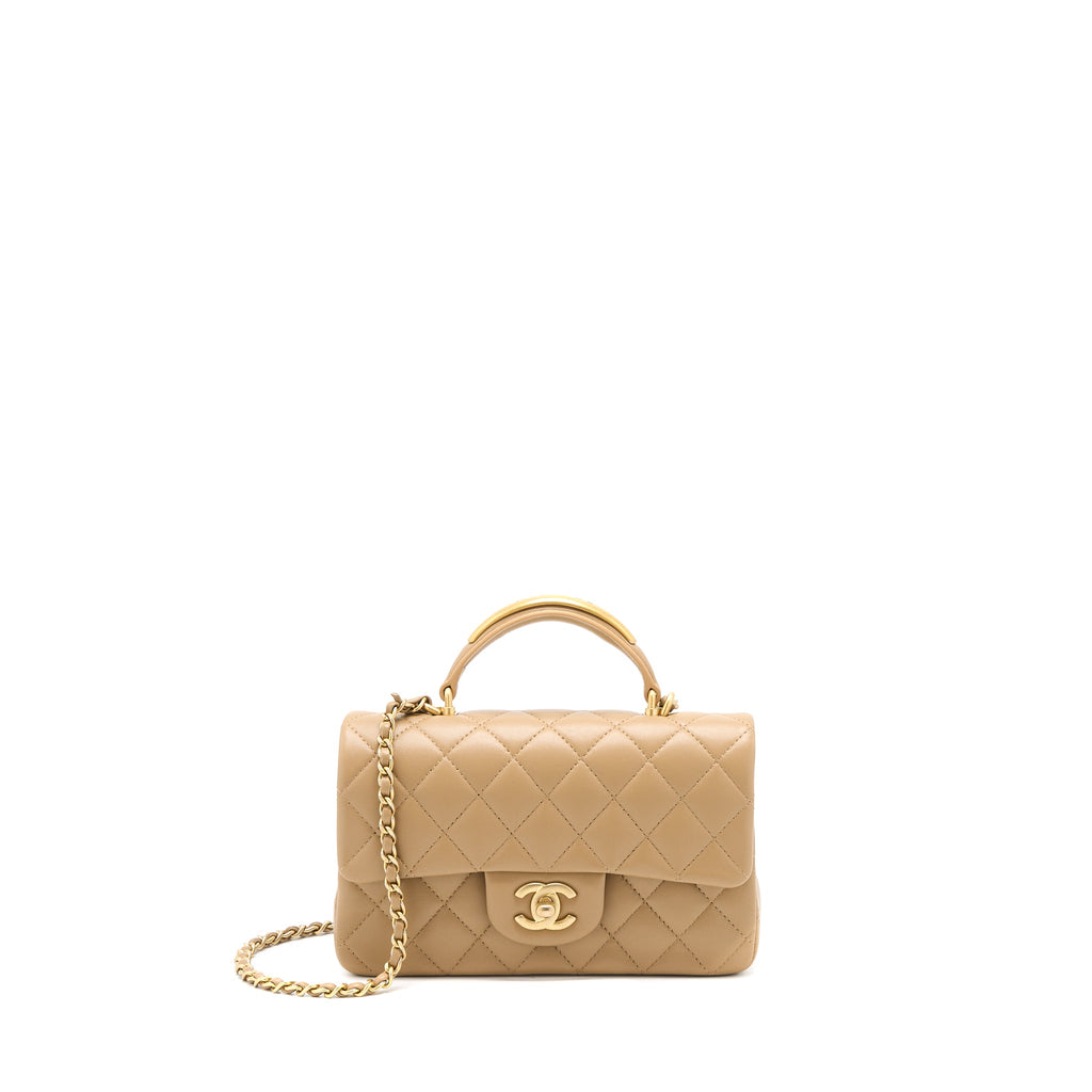 CHANEL 22B DETAIL TOP HANDLE MINI RECTANGULAR LAMBSKIN NJ528 DARK BEIGE BRUSHED GHW