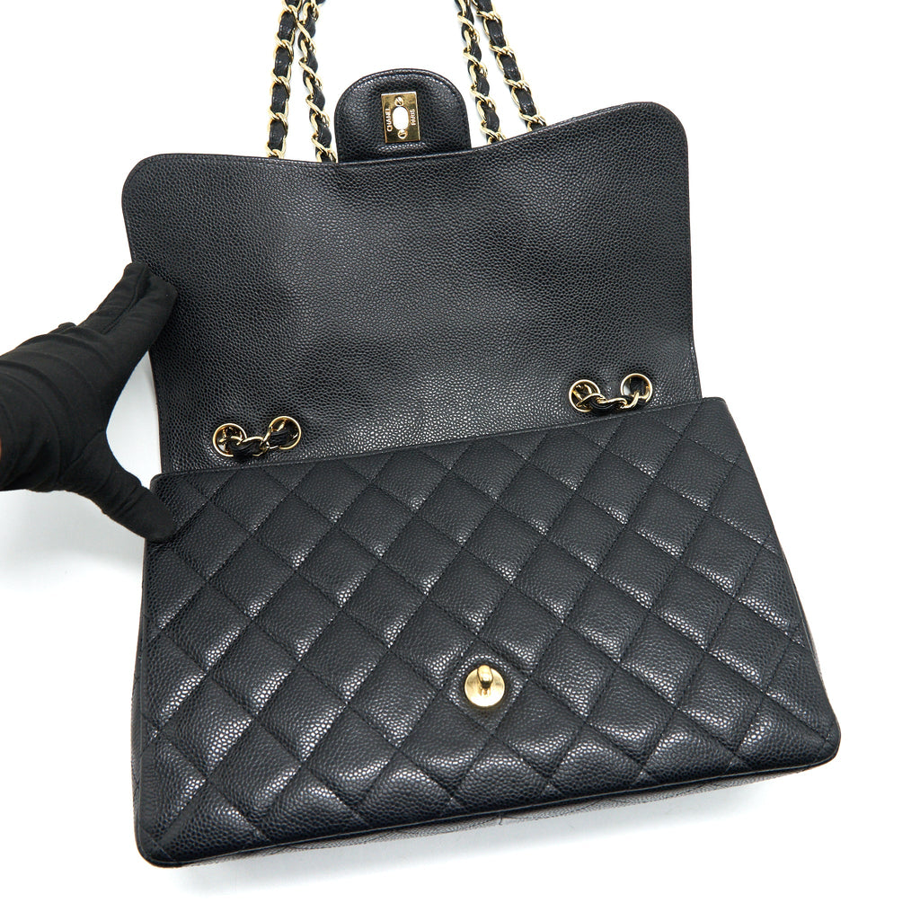 CHANEL CLASSIC JUMBO SINGLE FLAP BAG BLACK CAVIER GHW