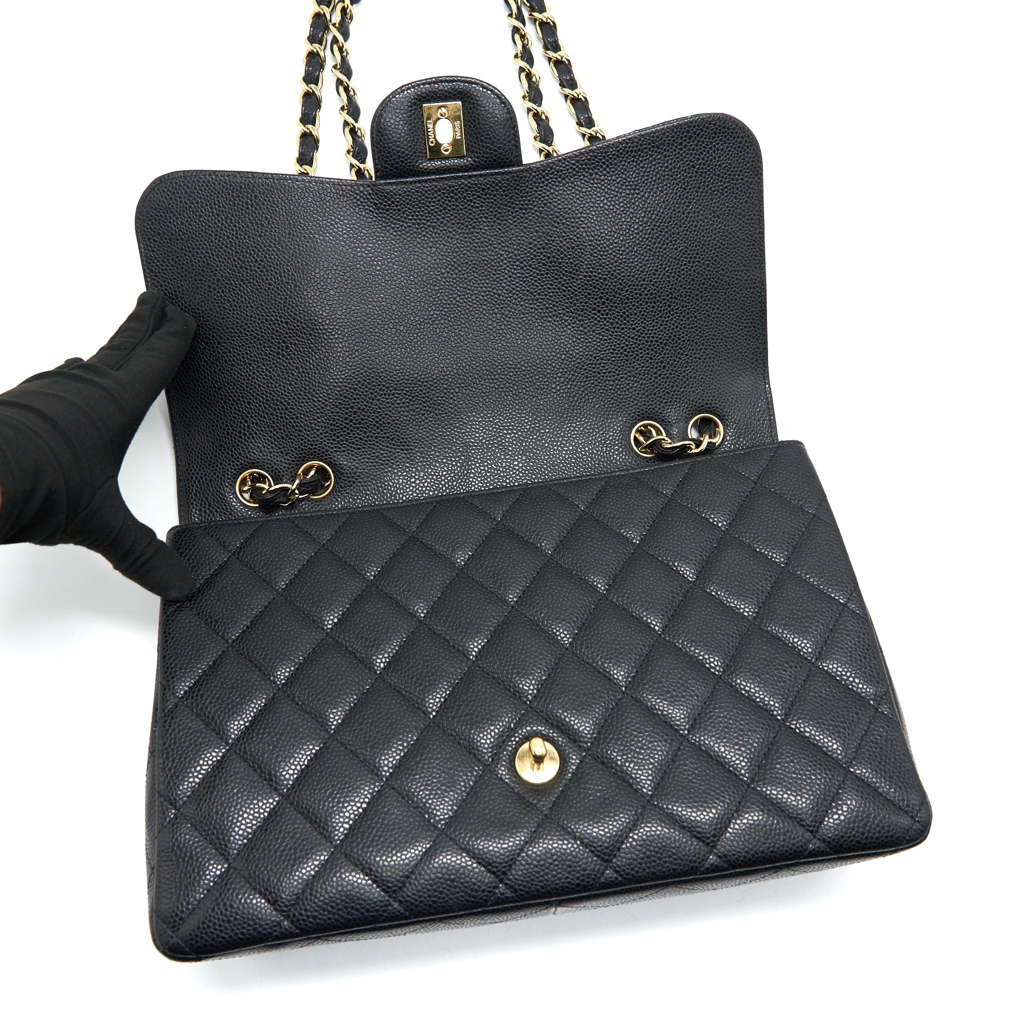 CHANEL CLASSIC JUMBO SINGLE FLAP BAG BLACK CAVIER GHW
