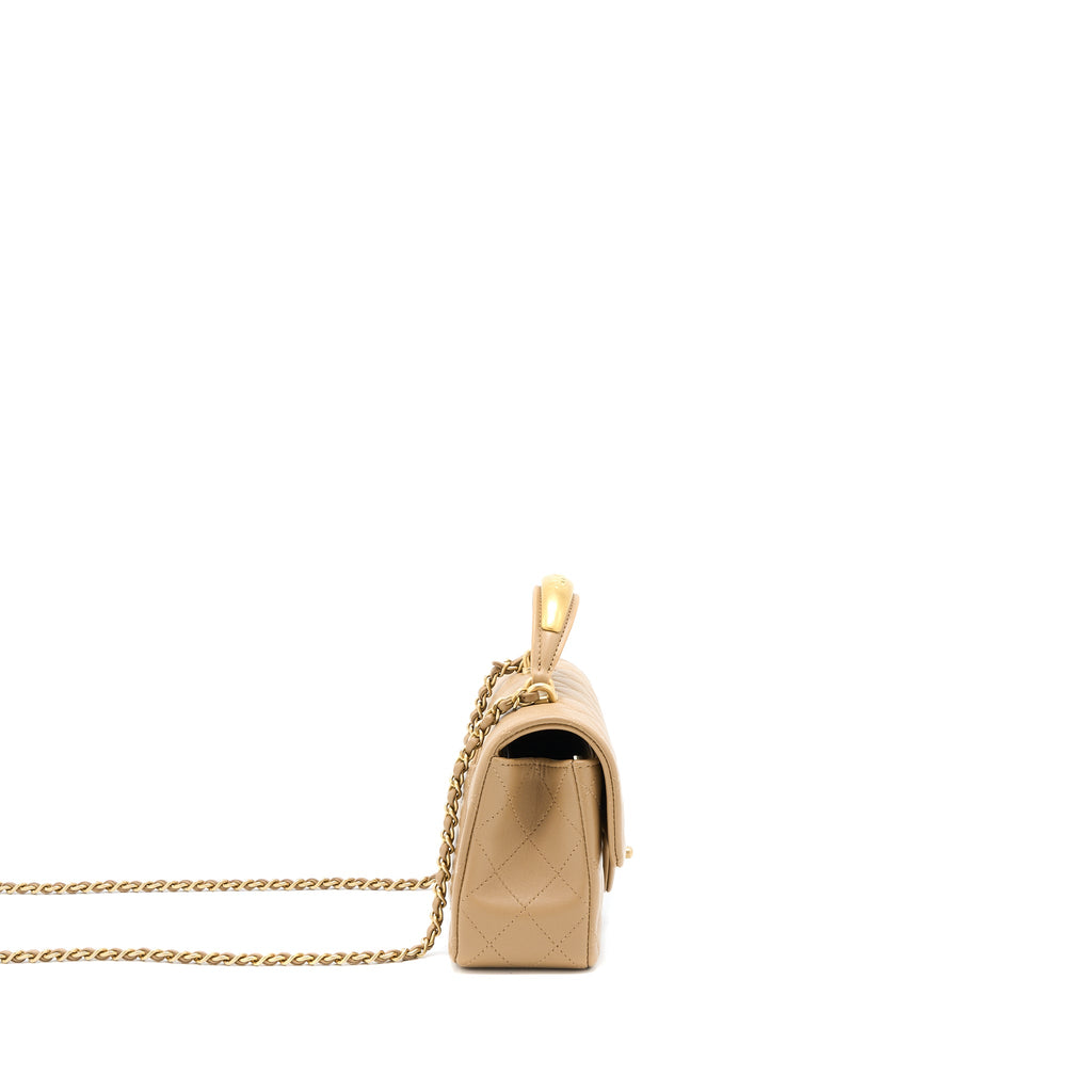 CHANEL 22B DETAIL TOP HANDLE MINI RECTANGULAR LAMBSKIN NJ528 DARK BEIGE BRUSHED GHW