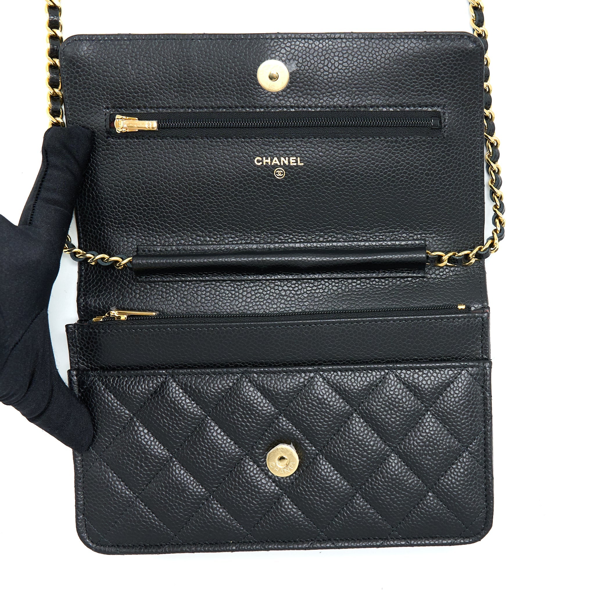 CHANEL CLASSIC WALLET ON CHAIN CAVIAR BLACK GHW (MICROCHIP)