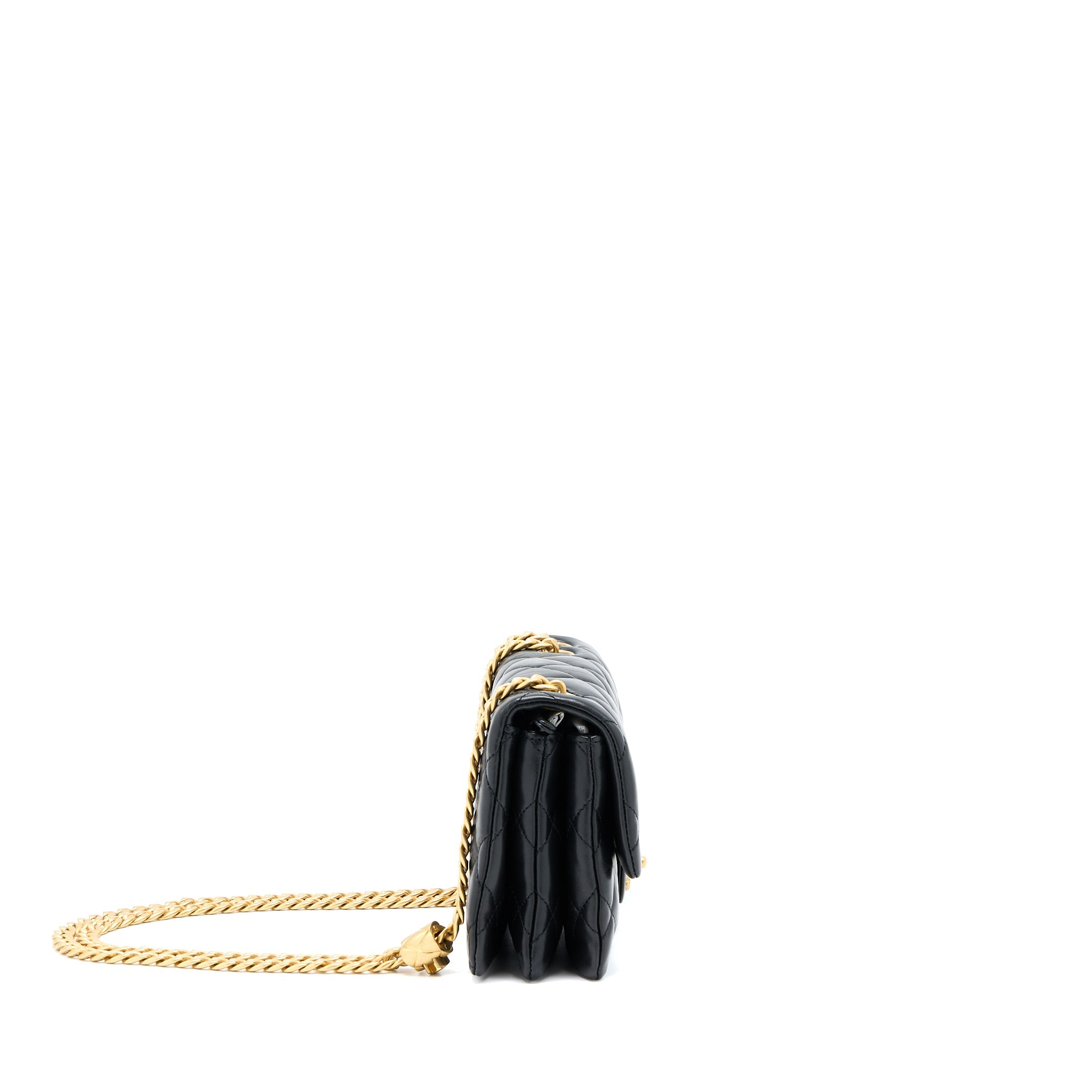 CHANEL 22K GOLD PILLAR ADJUSTMENT CHAIN FLAP BAG LAMBSKIN BLACK GHW (MICROCHIP)