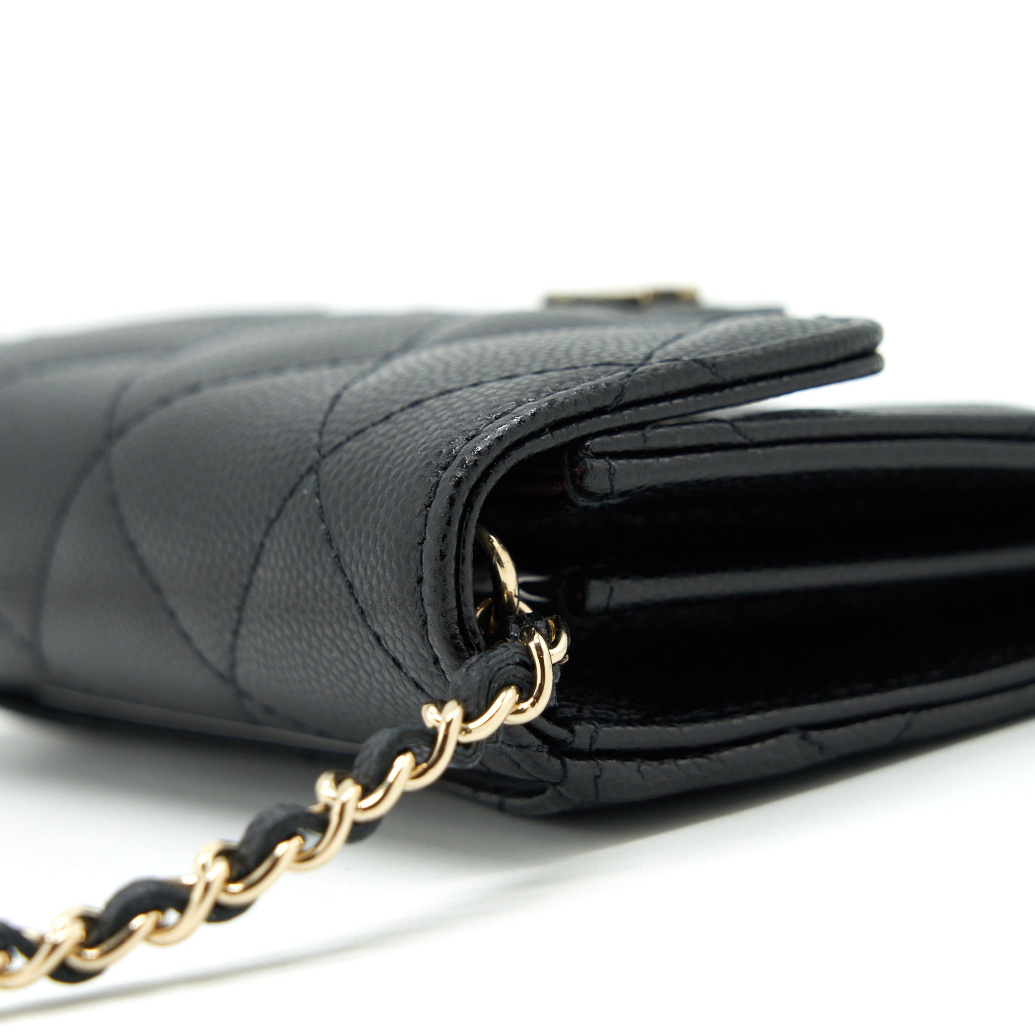 CHANEL MINI FLAP CARD HOLDER WITH CHAIN CAVIAR BLACK LGHW