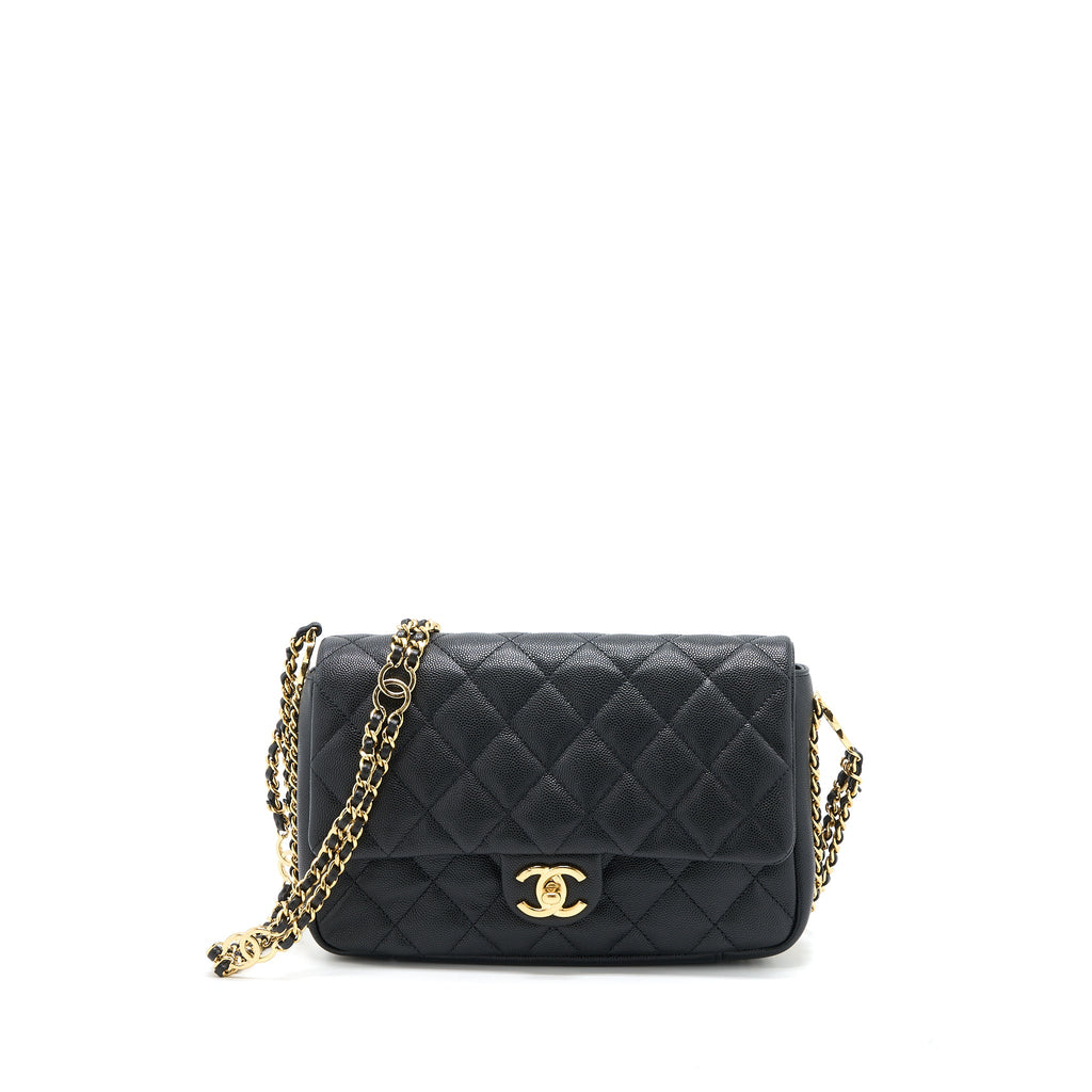 CHANEL 23C QUILTED FLAP BAG CC LOGO CHAIN GRAINED CALFSKIN BLACK GHW (MICROCHIP)